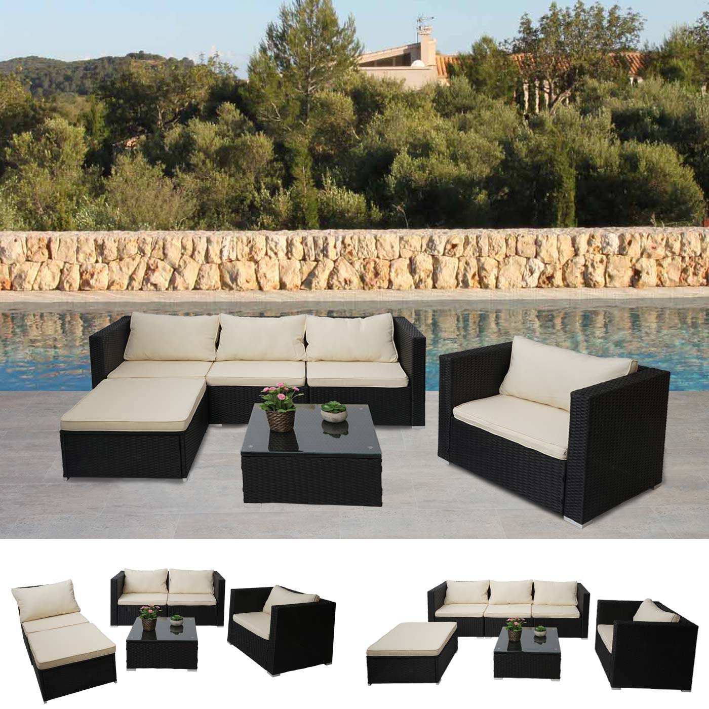 Poly-Rattan-Garnitur Busto, Gartengarnitur Sitzgruppe Sofa Lounge-Set ~ schwarz, Kissen creme 