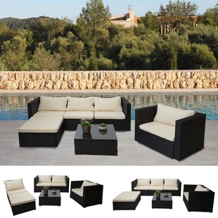 Poly-Rattan-Garnitur Busto, Gartengarnitur Sitzgruppe Sofa Lounge-Set ~ schwarz, Kissen creme 