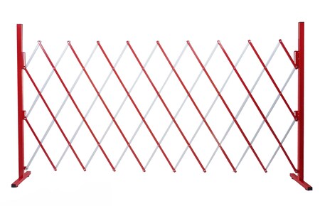 Absperrgitter MCW-B34, Scherengitter Zaun Schutzgitter ausziehbar, Alu  rot-weiß ~ Höhe 153cm, Breite 32-265cm