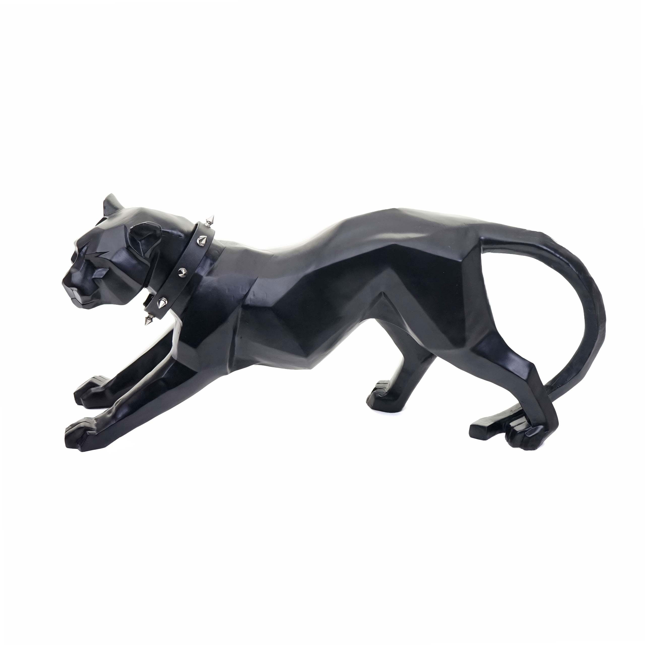 Deko Figur Leopard MCW-D36, Skulptur Raubkatze Statue, Polyresin, In-/Outdoor, 45x20x11cm ~ schwarz matt mit Halsband 