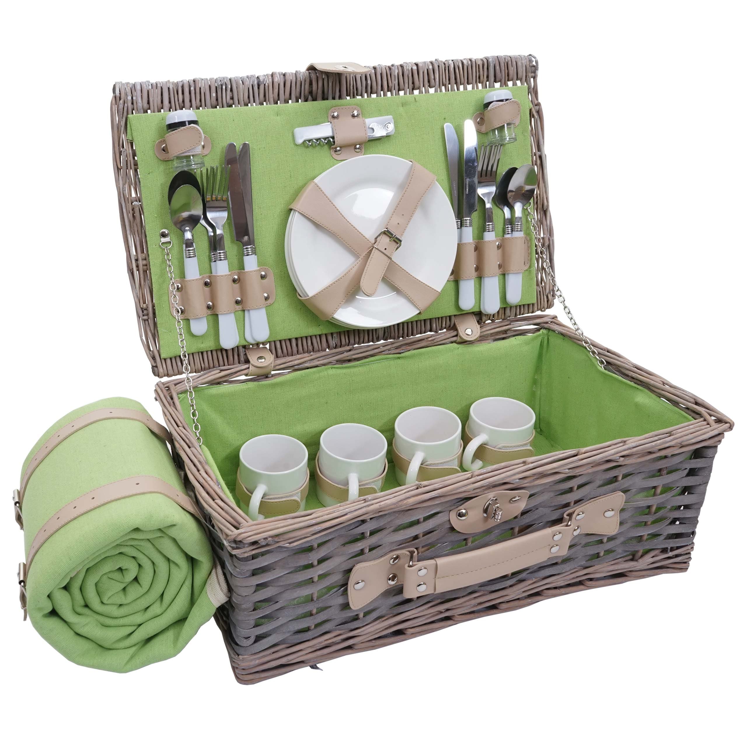 Picknickkorb-Set MCW-B24 f&uuml;r 4 Personen, Weiden-Korb, Porzellan Edelstahl ~ grau-gr&uuml;n 