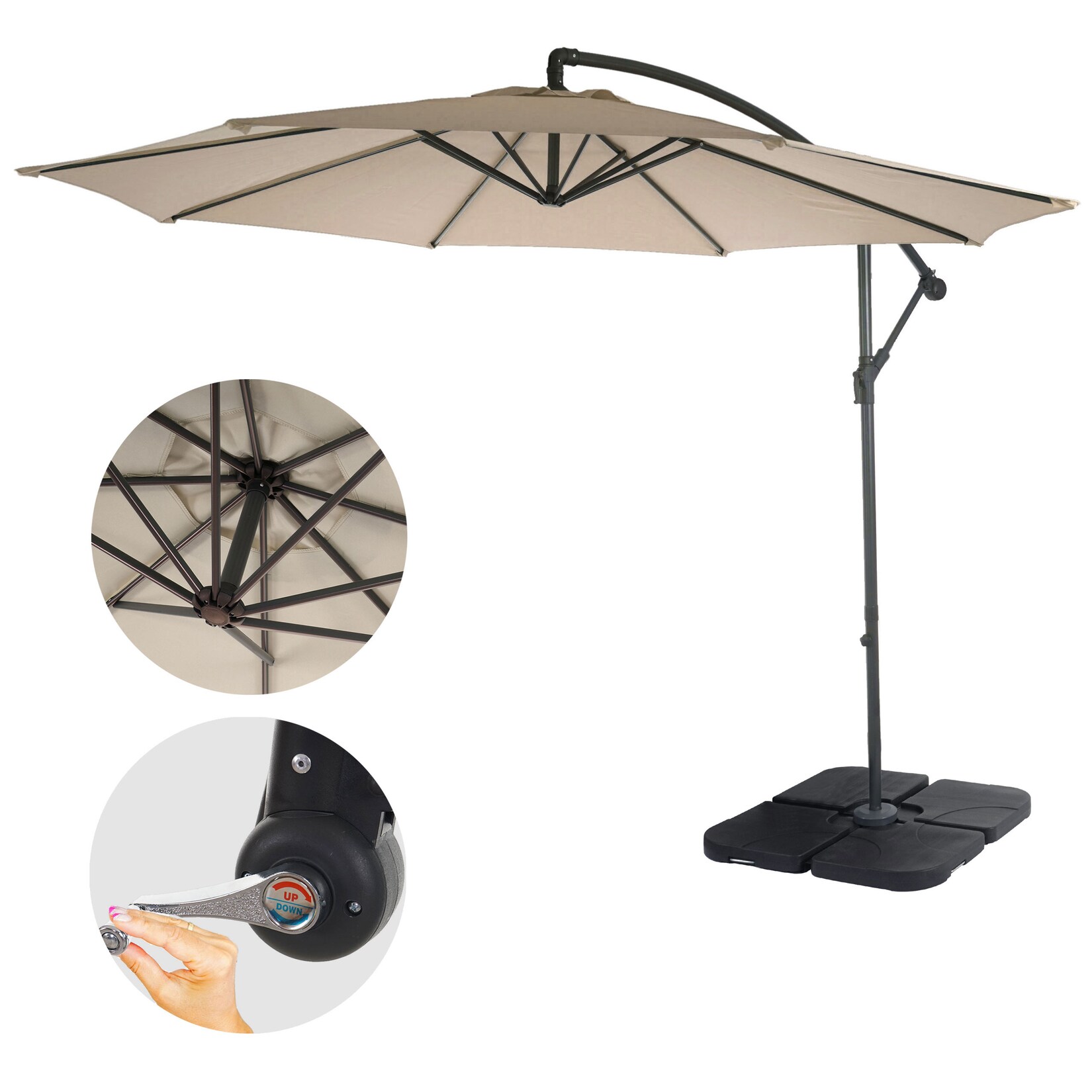 Ampelschirm Terni, Sonnenschirm Sonnenschutz, Ø 3m neigbar, Polyester/Stahl 11kg ~ sand-beige mit Ständer