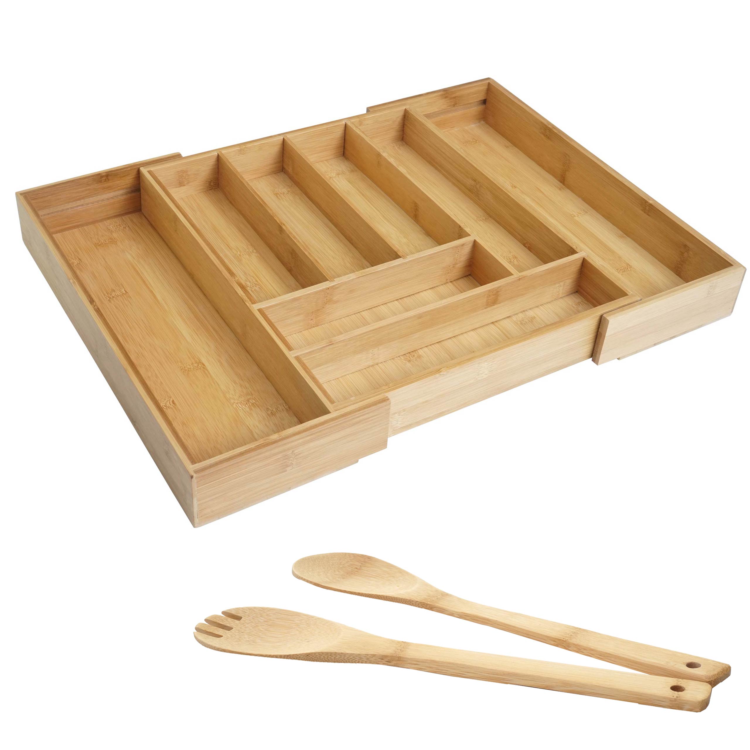 Besteckkasten + Salatbesteck MCW-B20, Schubladeneinsatz Geschirrkasten Servierbesteck K&uuml;chenzubeh&ouml;r, Bambus 