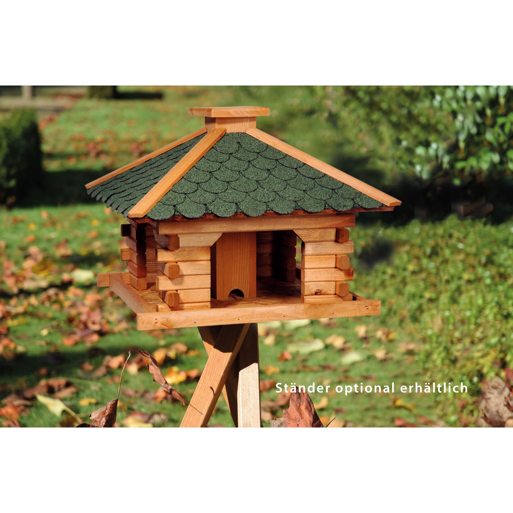 Rustikales XL-Vogelfutterhaus im Blockhaus-Stil mit grünem Bitumendach, Vogelhaus mit integriertem Futtersilo
