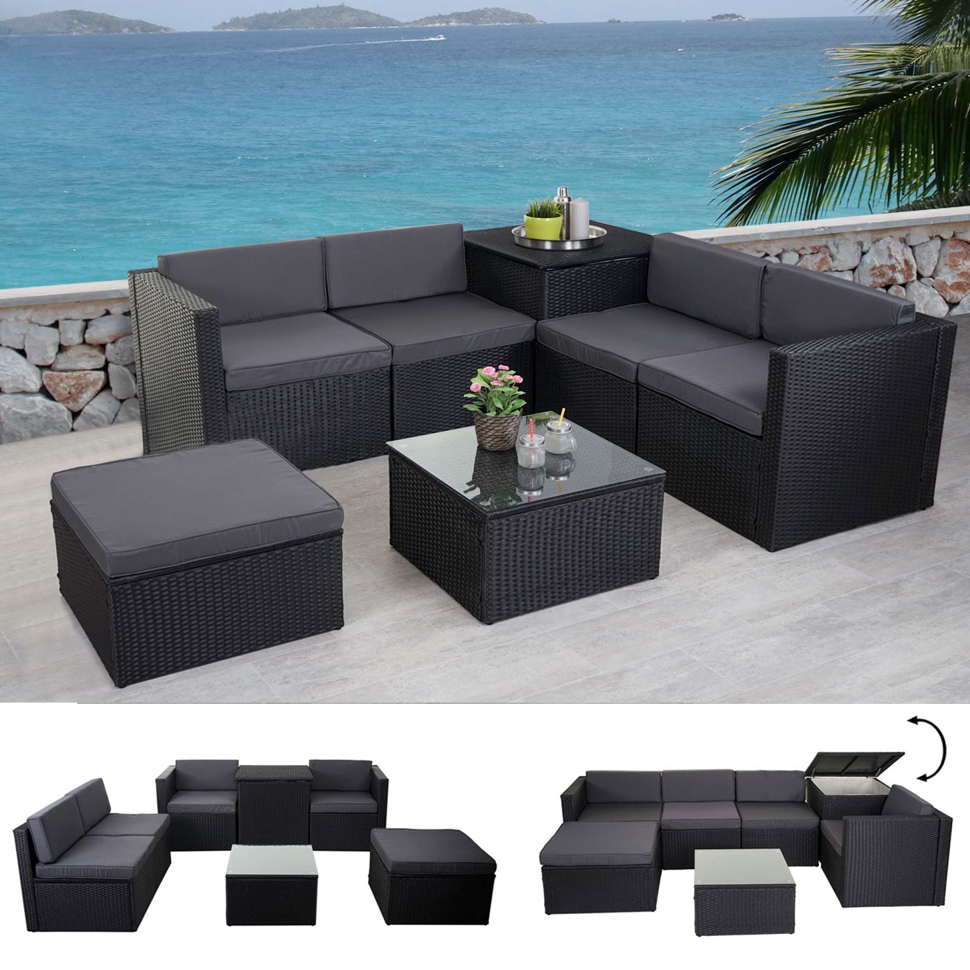 Poly-Rattan-Garnitur MCW-D21, Balkon-/Garten-/Lounge-Set Sofa Sitzgruppe, Box Staufach ~ anthrazit, Kissen dunkelgrau 