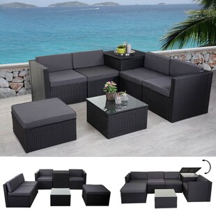 Poly-Rattan-Garnitur MCW-D21, Balkon-/Garten-/Lounge-Set Sofa Sitzgruppe, Box Staufach ~ anthrazit, Kissen dunkelgrau 