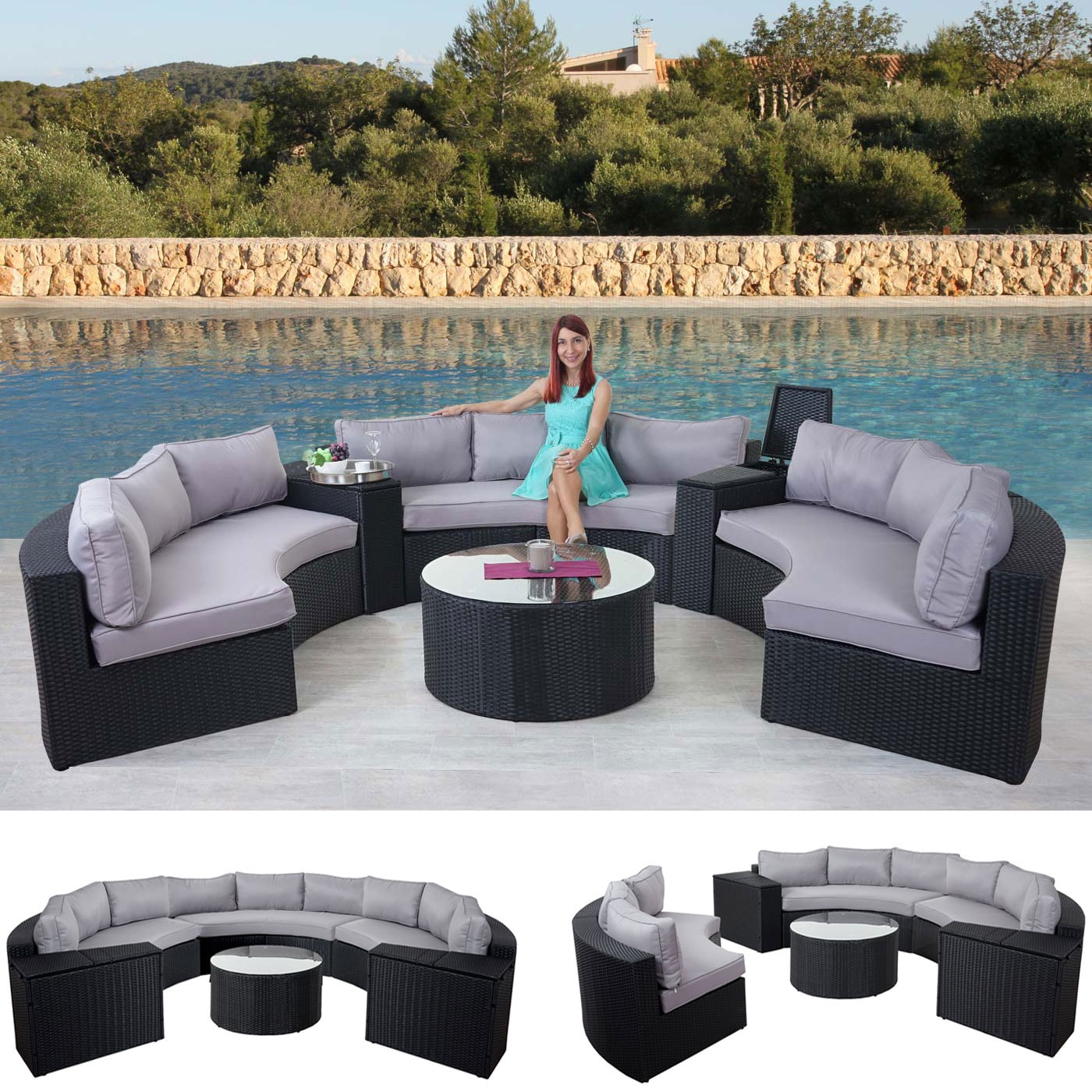 Luxus Poly-Rattan-Garnitur Lier, Sitzgruppe Lounge-Set, XXL Sofa rund, anthrazit Kissen grau 