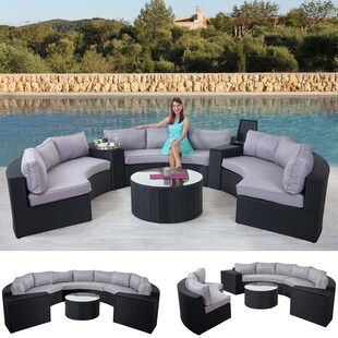 Luxus Poly-Rattan-Garnitur Lier, Sitzgruppe Lounge-Set, XXL Sofa rund, anthrazit Kissen grau 