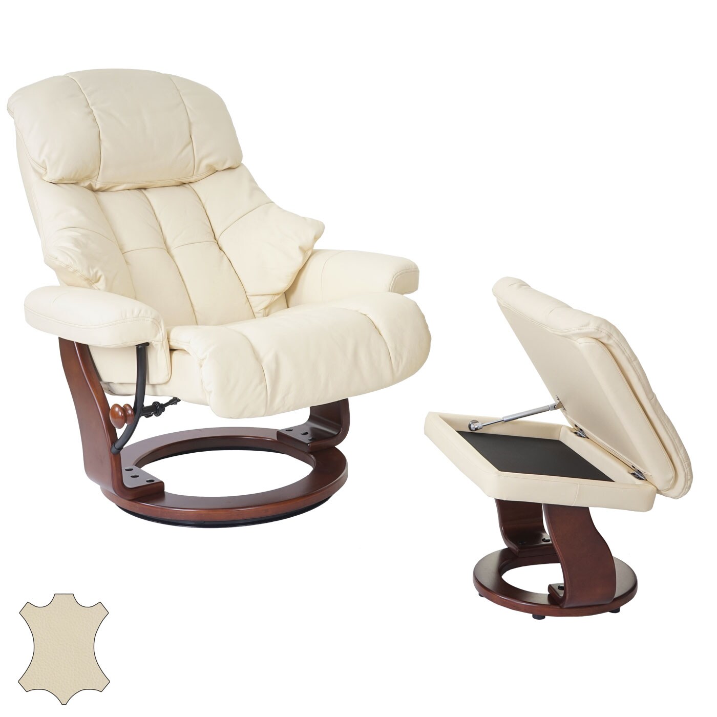 MCA Relaxsessel Windsor XXL, TV-Sessel Hocker, Echtleder 180kg belastbar ~ creme, Walnuss-Optik 