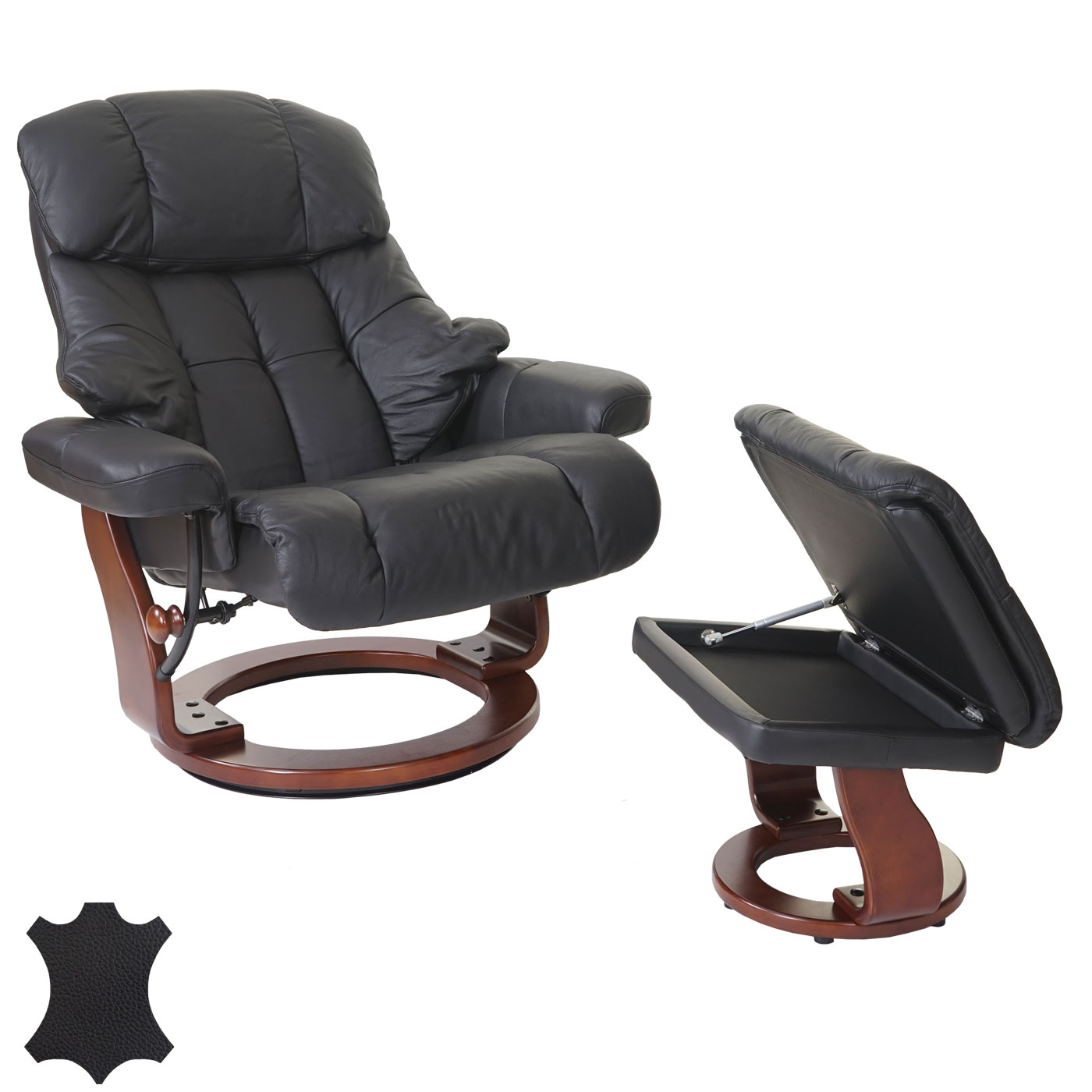MCA Relaxsessel Windsor XXL, TV-Sessel Hocker, Echtleder 180kg belastbar ~ schwarz, Walnuss-Optik 