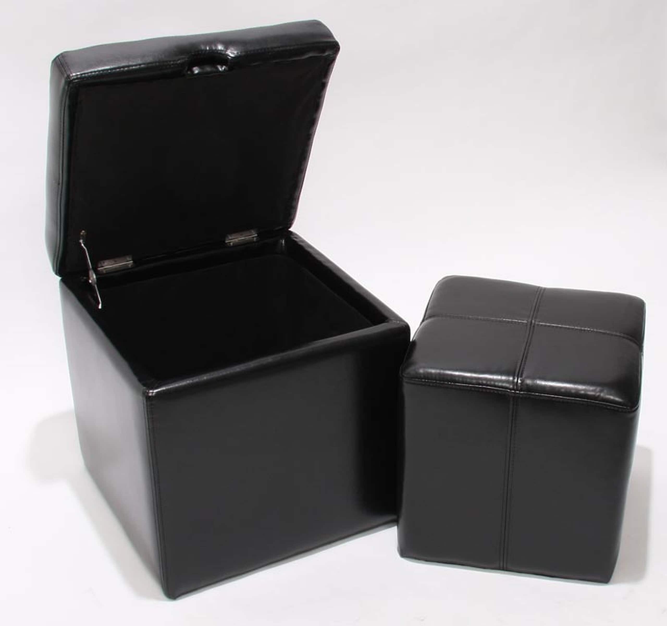 2er Set Hocker Sitzw&uuml;rfel Sitzhocker Aufbewahrungsbox Carrara, Leder + Kunstleder, 45x44x44cm MVG-zertifiziert ~ schwarz 