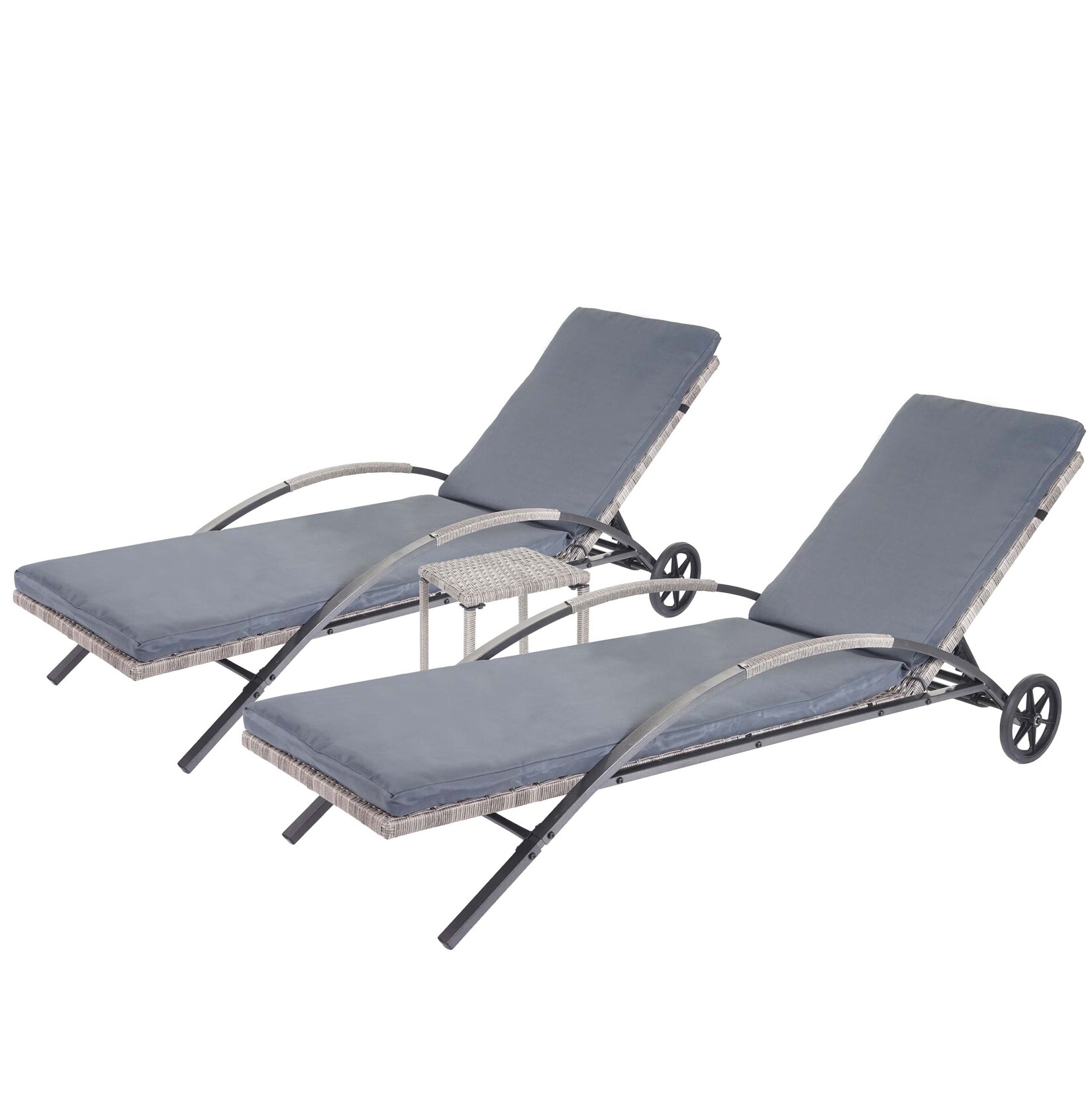2er-Set Sonnenliege -E27, Relaxliege Gartenliege, Poly-Rattan ~ grau Kissen dunkelgrau