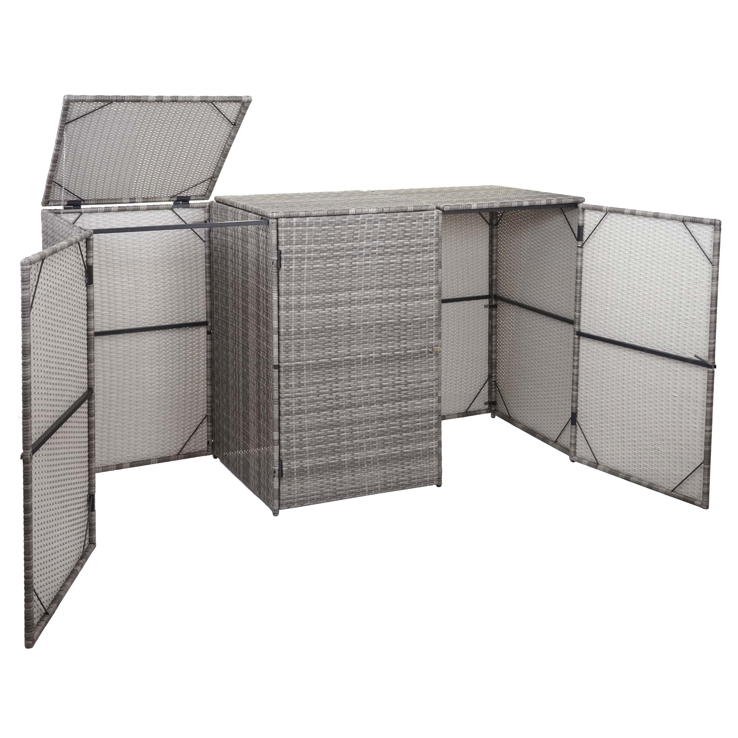 3er-M&uuml;lltonnenverkleidung MCW-E25, M&uuml;lltonnenbox M&uuml;lltonnenabdeckung, Poly-Rattan 3x120l ~ grau 