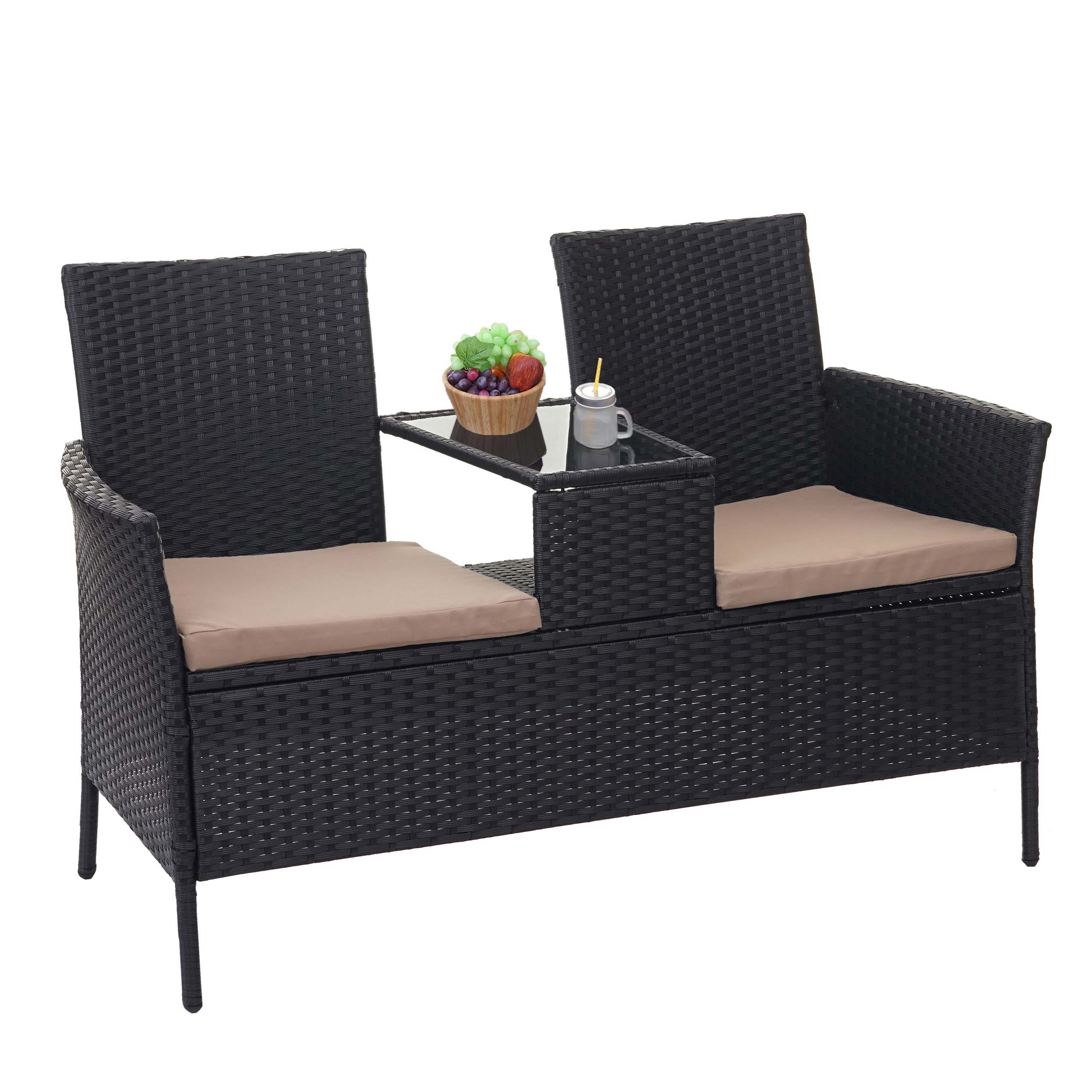 Poly-Rattan Sitzbank mit Tisch MCW-E24, Gartenbank Sitzgruppe Gartensofa, 132cm ~ schwarz, Kissen creme 