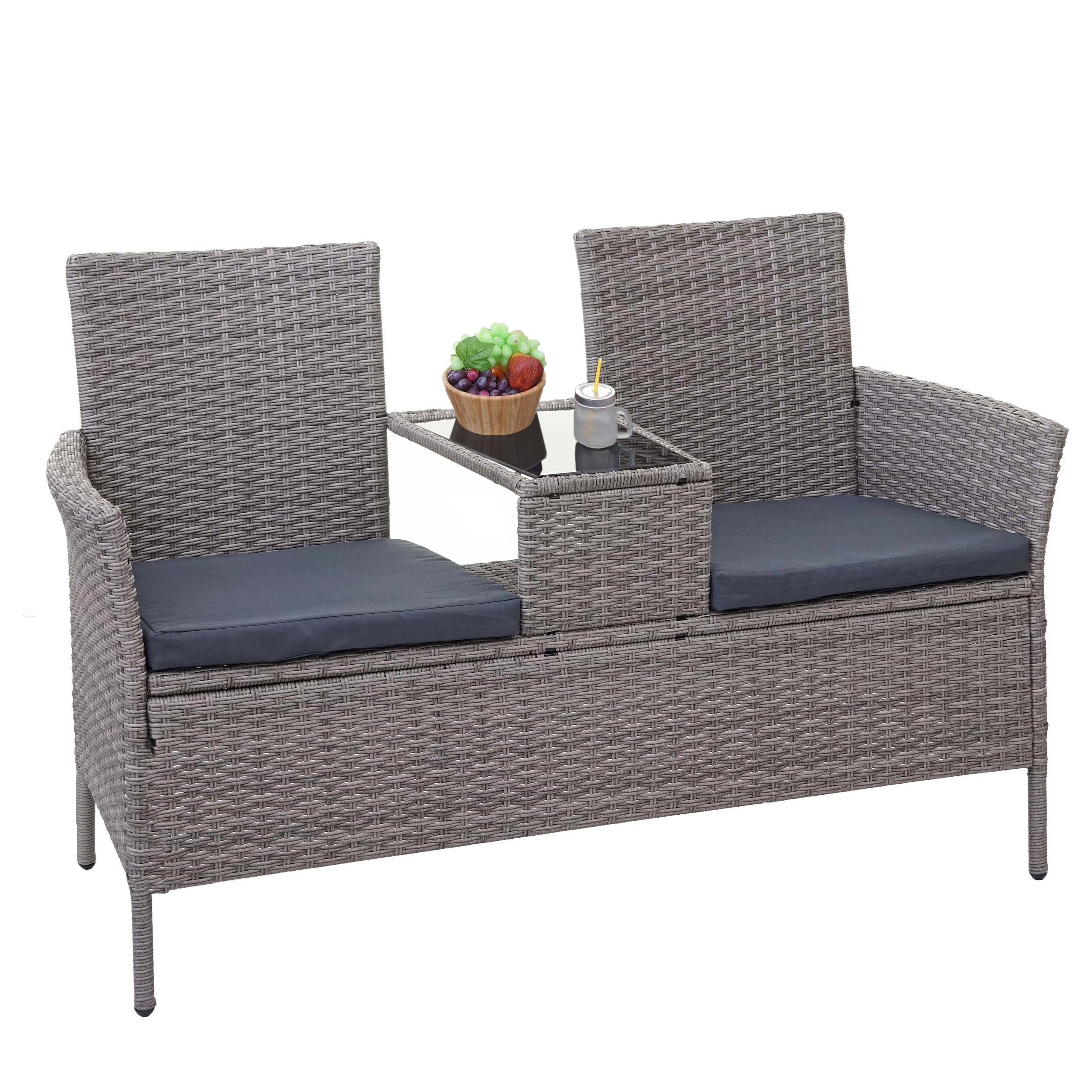 Poly-Rattan Sitzbank mit Tisch MCW-E24, Gartenbank Sitzgruppe Gartensofa, 132cm ~ grau, Kissen dunkelgrau 