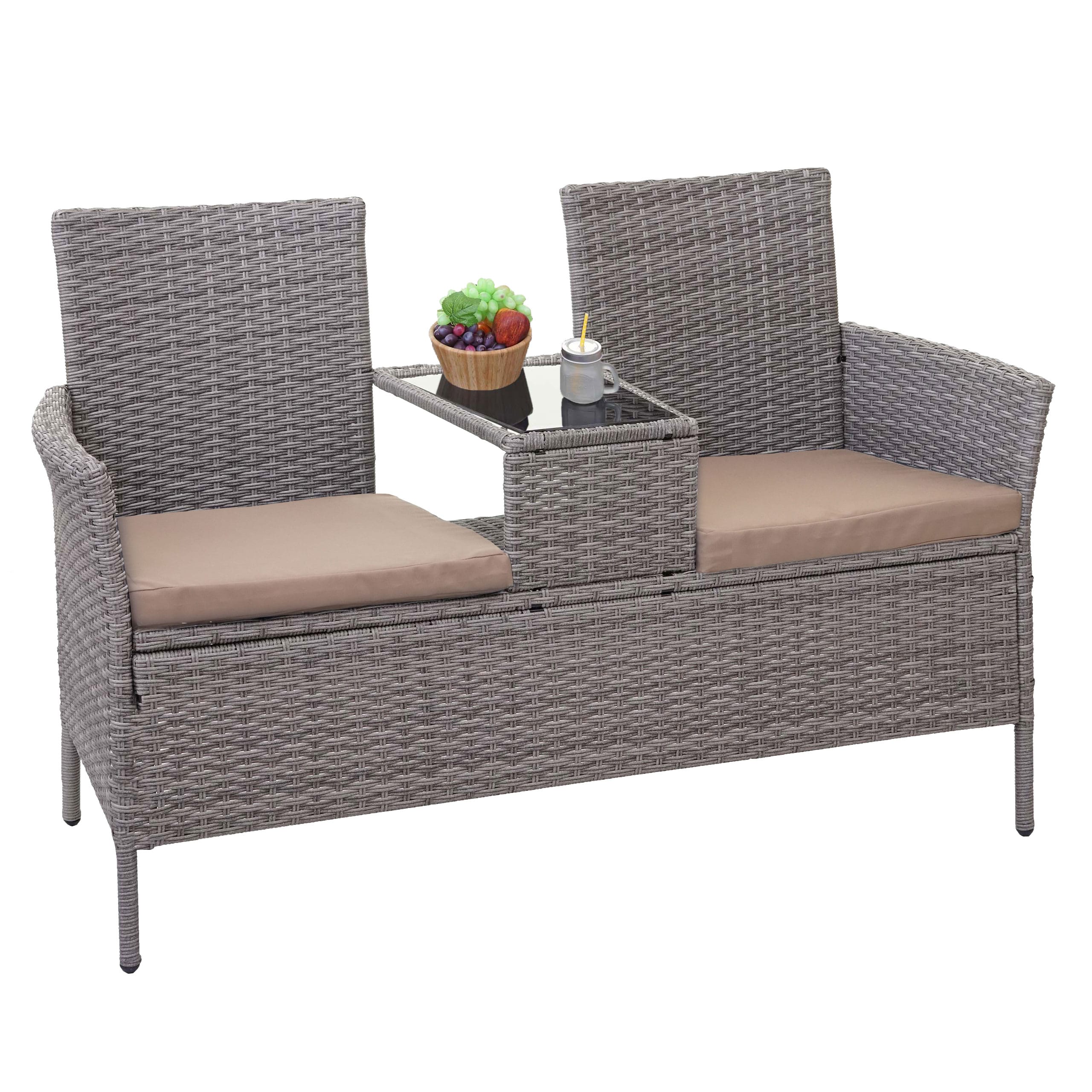 Poly-Rattan Sitzbank mit Tisch MCW-E24, Gartenbank Sitzgruppe Gartensofa, 132cm ~ grau, Kissen creme 