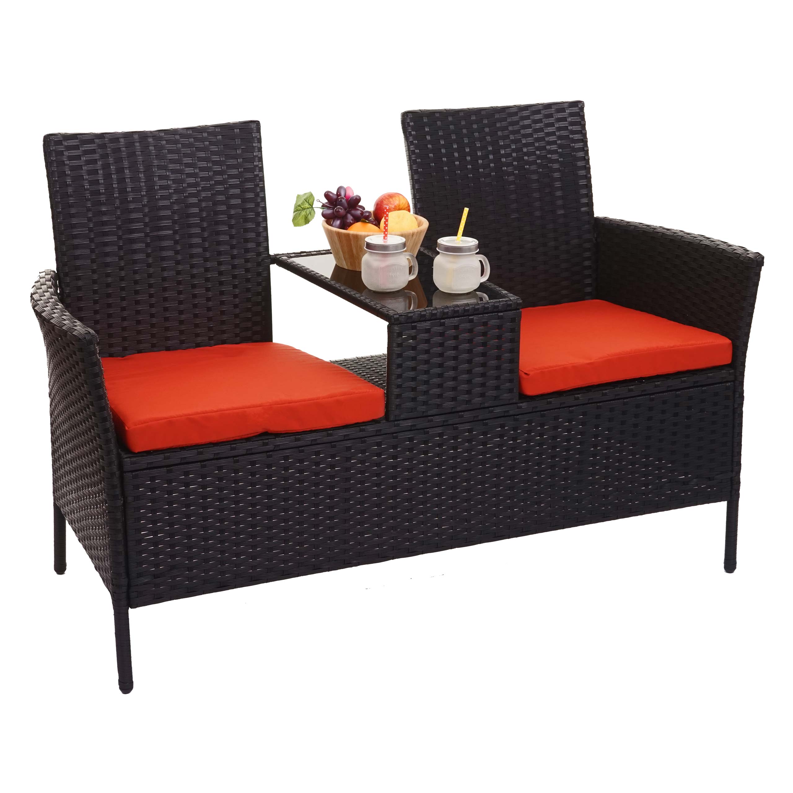 Poly-Rattan Sitzbank mit Tisch MCW-E24, Gartenbank Sitzgruppe Gartensofa, 132cm ~ schwarz, Kissen terracotta 