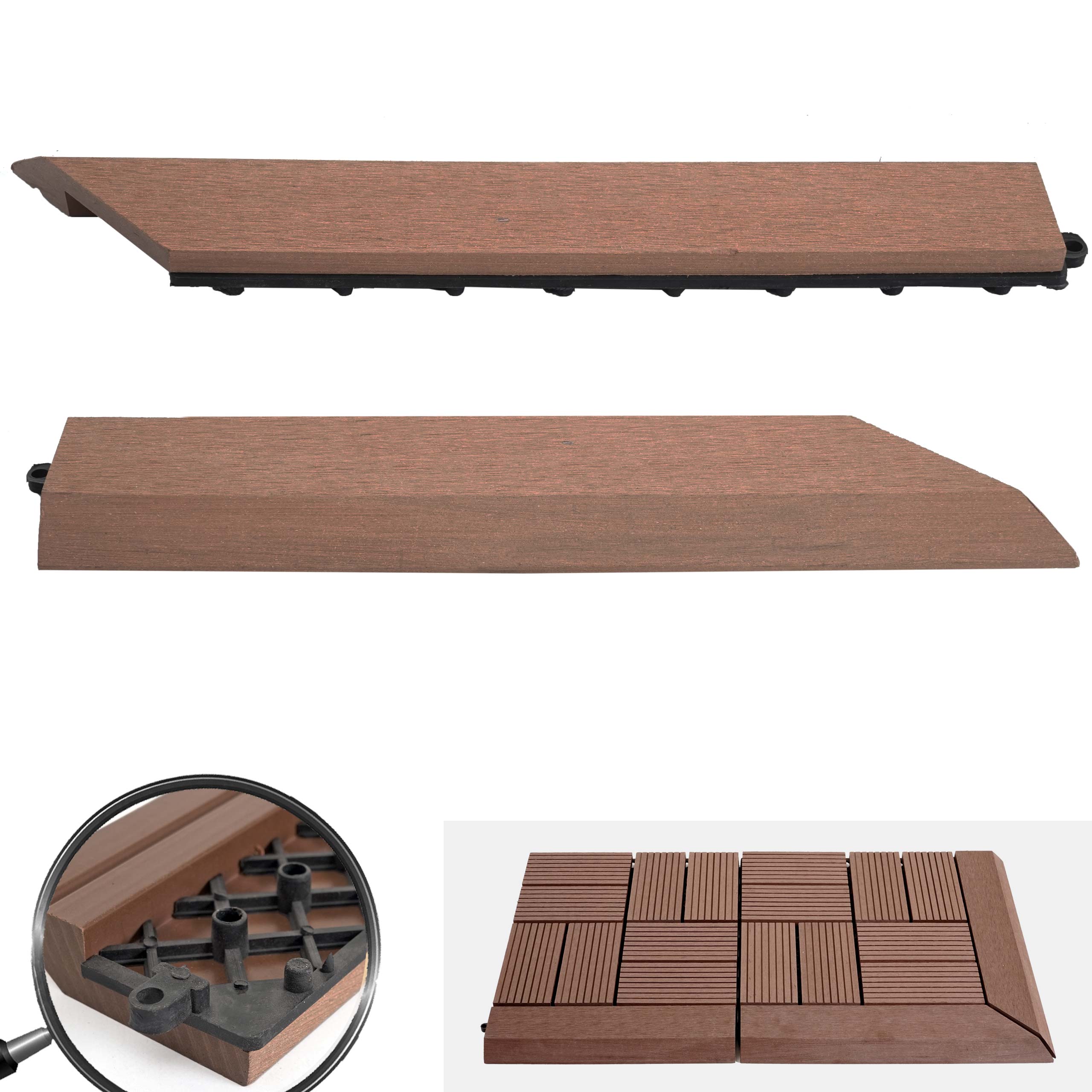 2er-Set Abschlussleiste f&uuml;r WPC Bodenfliese Sarthe, Abschlussprofil, Holzoptik Balkon/Terrasse ~ coffee rechts ohne Haken 