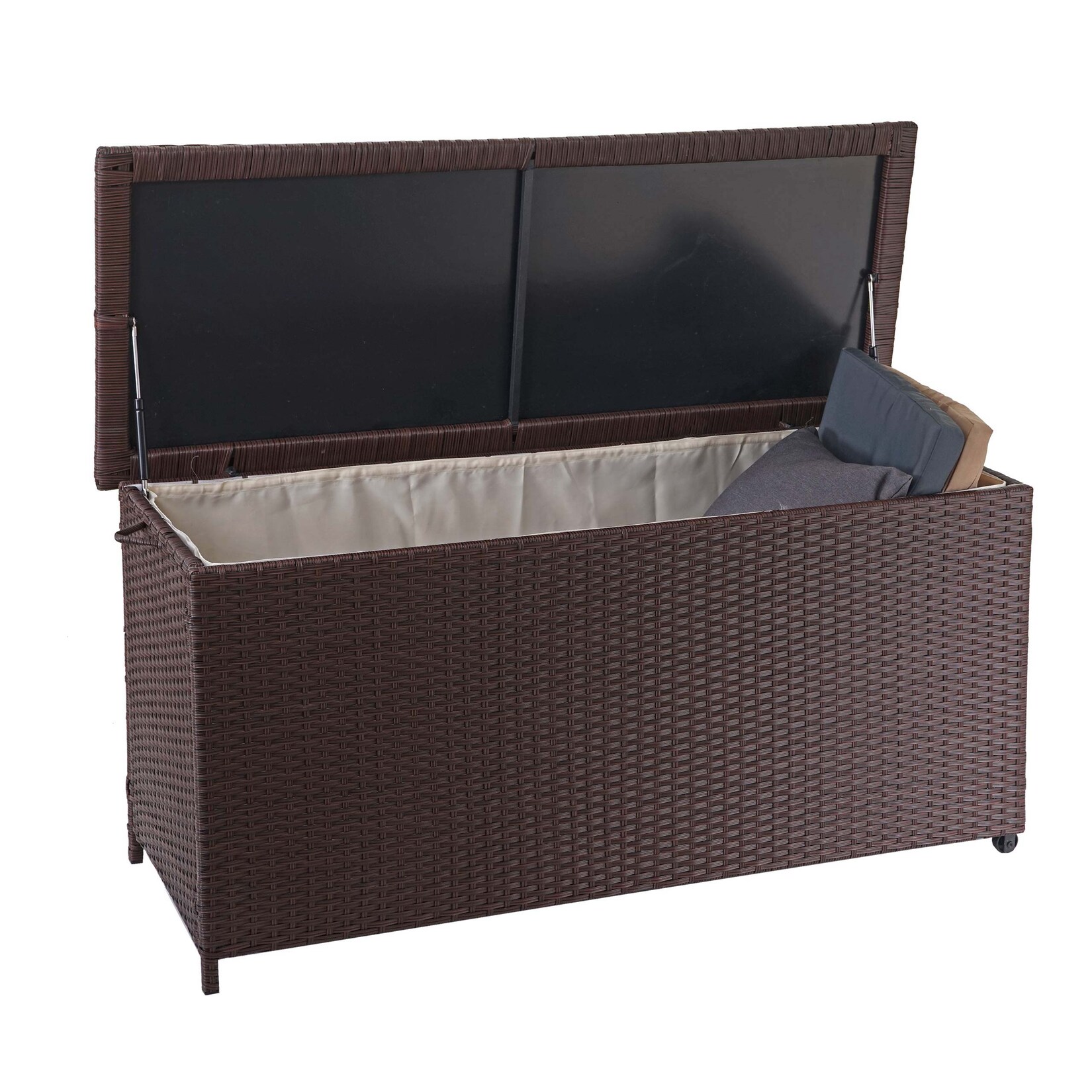 Poly-Rattan Kissenbox -D88, Gartentruhe Auflagenbox Truhe ~ Premium braun, 63x135x52cm