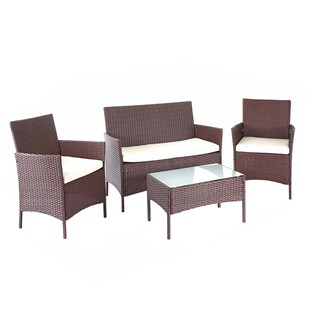Poly-Rattan Garten-Garnitur MCW-D82, Sitzgruppe Lounge-Set ~ braun-meliert mit Kissen creme 