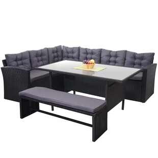 Poly-Rattan-Garnitur MCW-A29, Gartengarnitur Sitzgruppe Lounge-Esstisch-Set, schwarz ~ Kissen dunkelgrau, mit Bank 