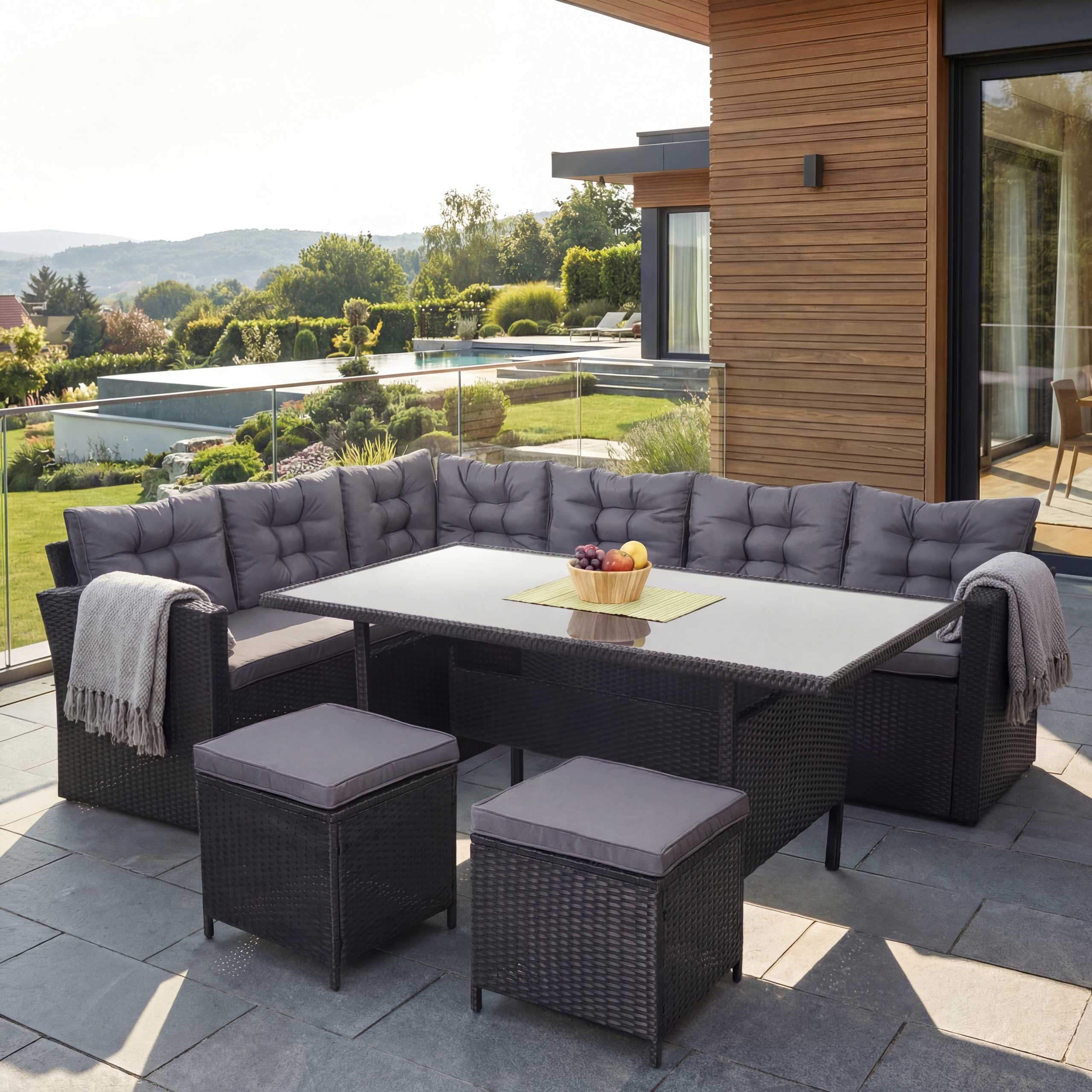 Poly-Rattan-Garnitur MCW-A29, Gartengarnitur Sitzgruppe Lounge-Esstisch-Set, schwarz ~ Kissen dunkelgrau, mit 2x Hocker 