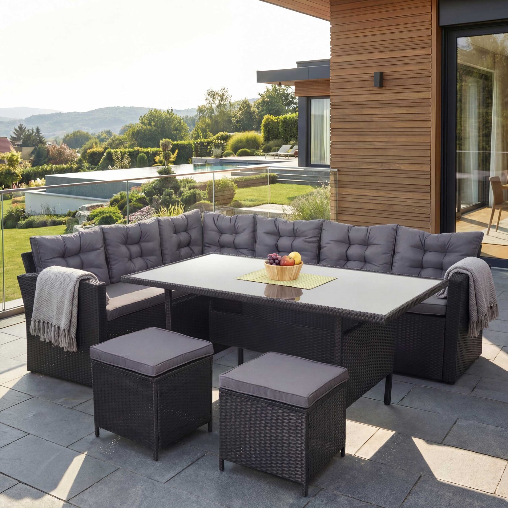 Poly-Rattan-Garnitur -A29, Gartengarnitur Sitzgruppe Lounge-Esstisch-Set, schwarz ~ Kissen dunkelgrau, mit 2x Hocker