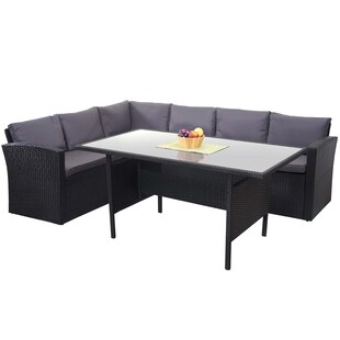 Poly-Rattan-Garnitur MCW-A29, Gartengarnitur Sitzgruppe Lounge-Esstisch-Set, schwarz ~ Kissen dunkelgrau 