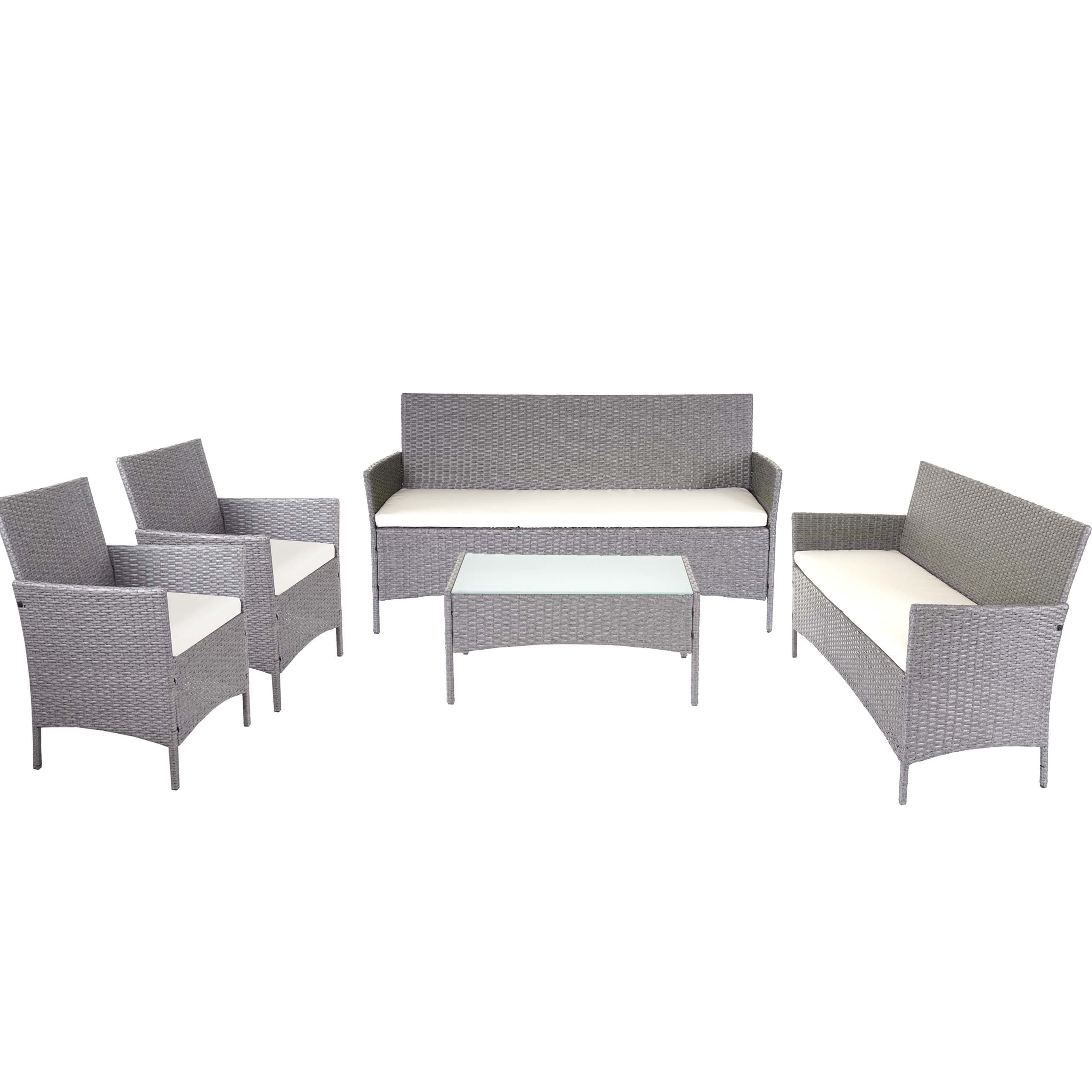 3-2-1-1 Poly-Rattan Garten-Garnitur Hamar, Lounge-Set Sitzgruppe Sofa ~ grau, Kissen creme 