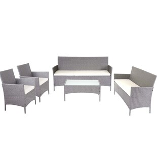 3-2-1-1 Poly-Rattan Garten-Garnitur Hamar, Lounge-Set Sitzgruppe Sofa ~ grau, Kissen creme 