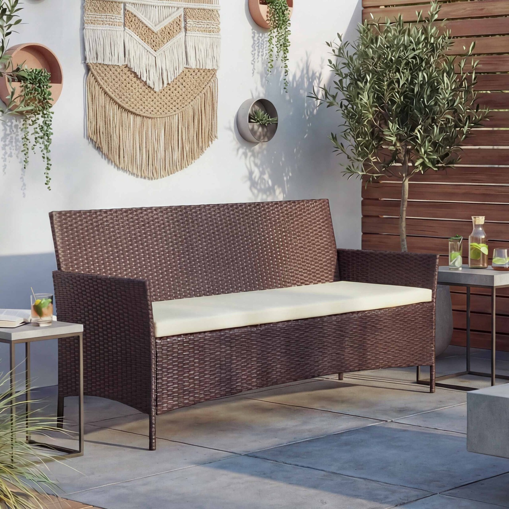 3-Sitzer Poly-Rattan Gartenbank Hamar, Sitzbank ~ braun-meliert, Kissen creme