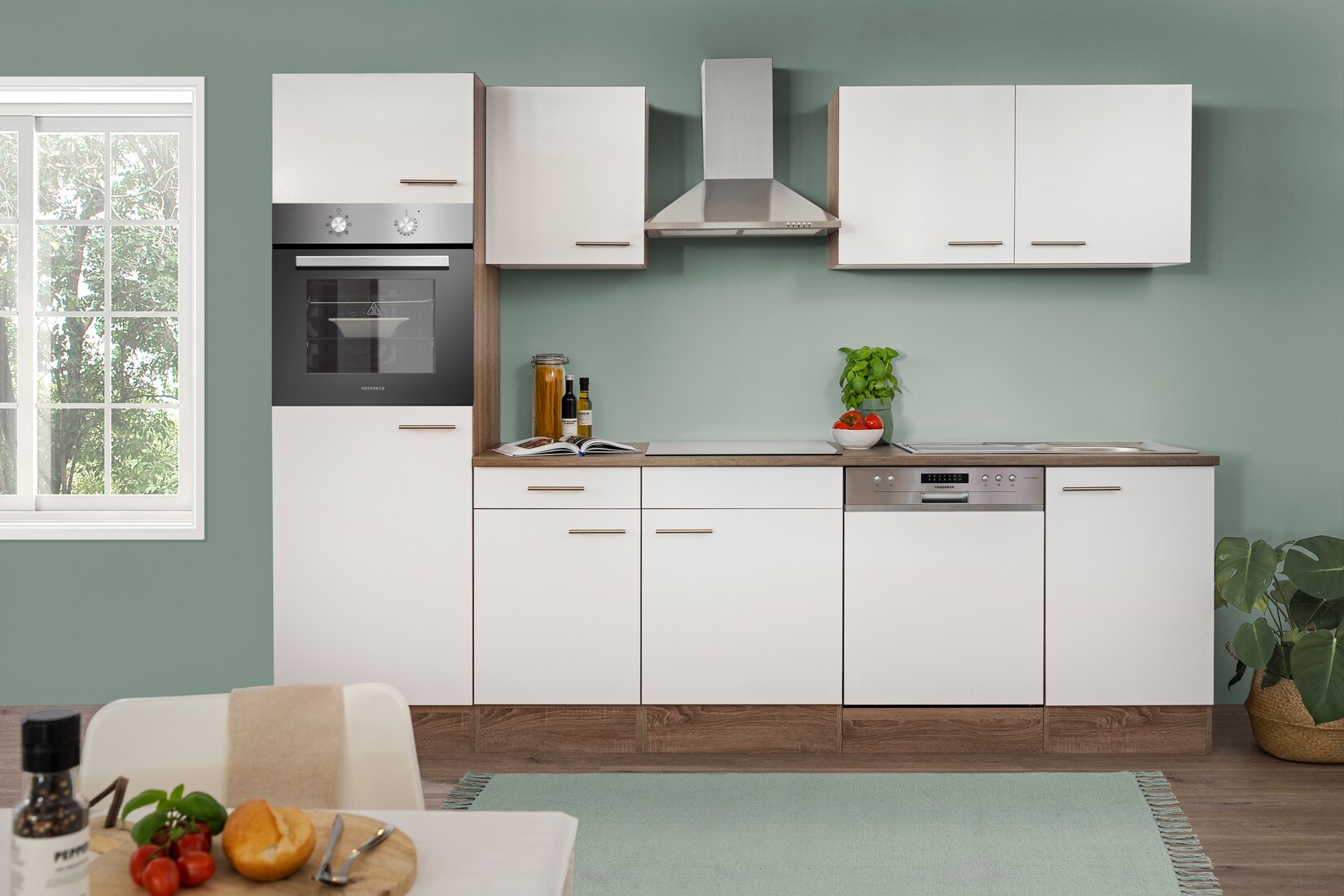 Respekta Küchenprogramm Eiche York Küchenzeile 280 cm inkl. E- Geräte & Mineralite Einbauspüle, weiß