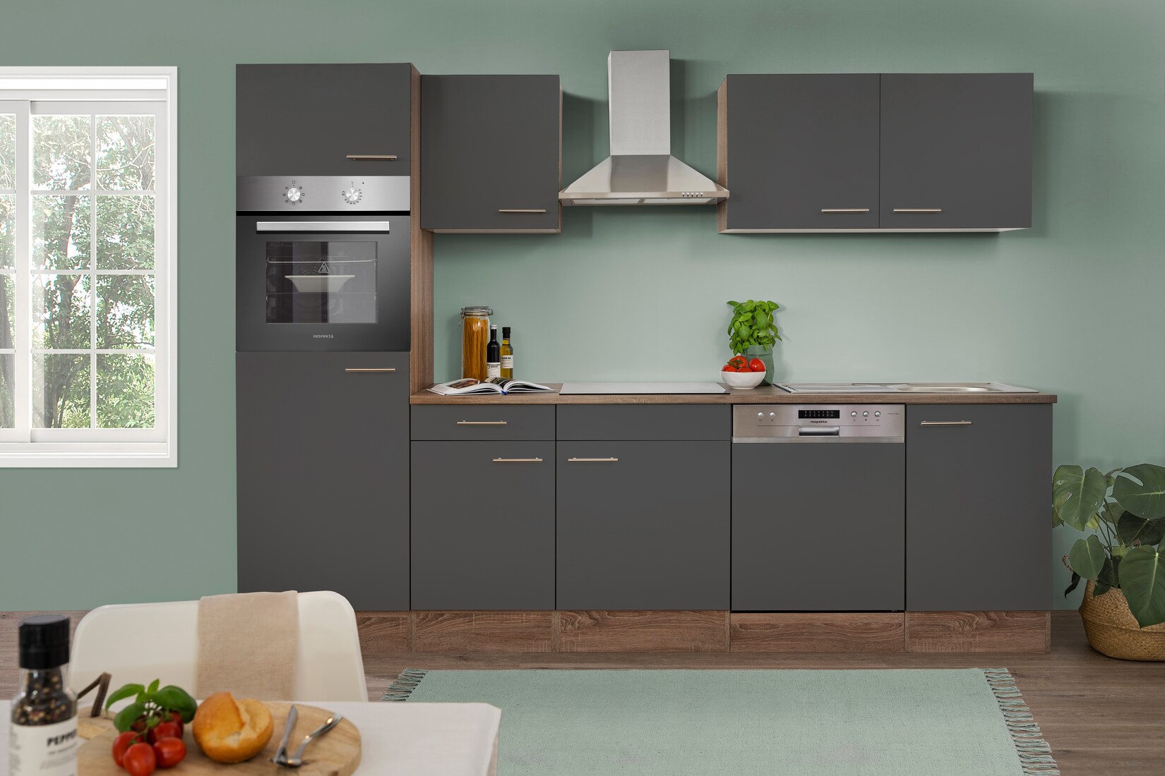 Respekta Küchenprogramm Eiche York Küchenzeile 280 cm inkl. E- Geräte & Mineralite Einbauspüle, grau