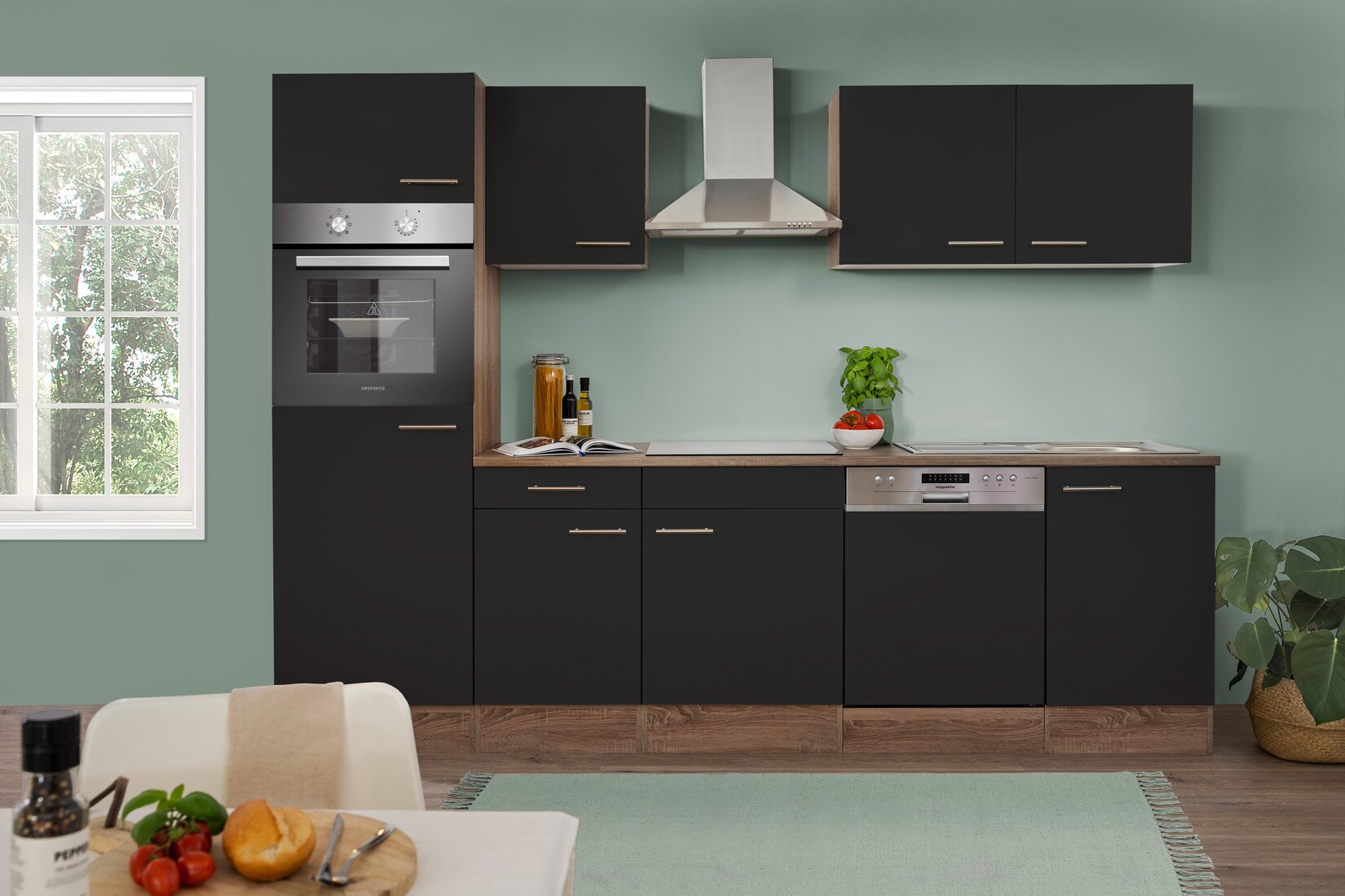 Respekta Küchenprogramm Eiche York Küchenzeile 280 cm inkl. E- Geräte & Mineralite Einbauspüle, schwarz