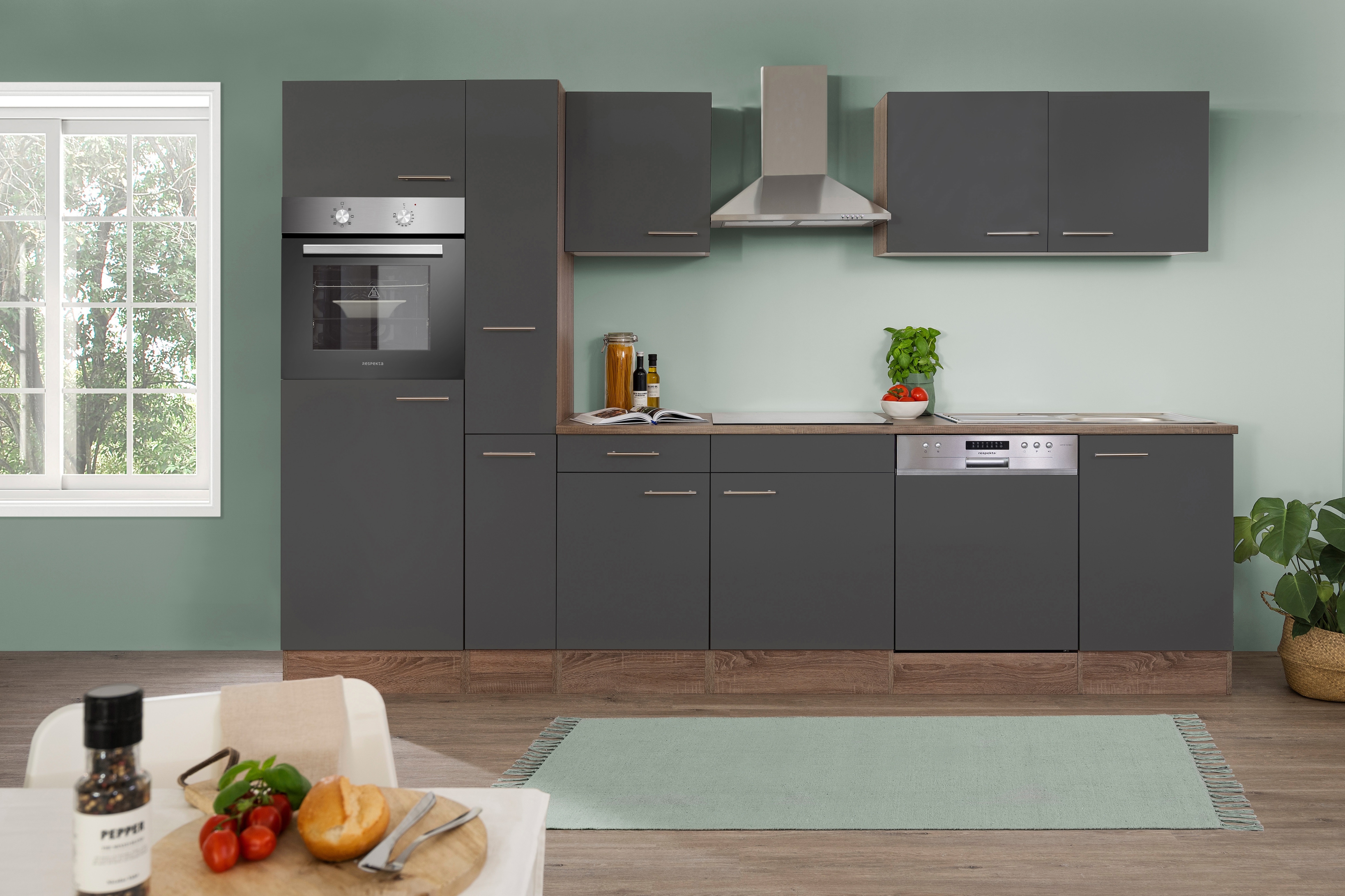 Respekta K&uuml;chenprogramm Eiche York K&uuml;chenzeile 310 cm inkl. E-Ger&auml;te & Mineralite Einbausp&uuml;le, grau 