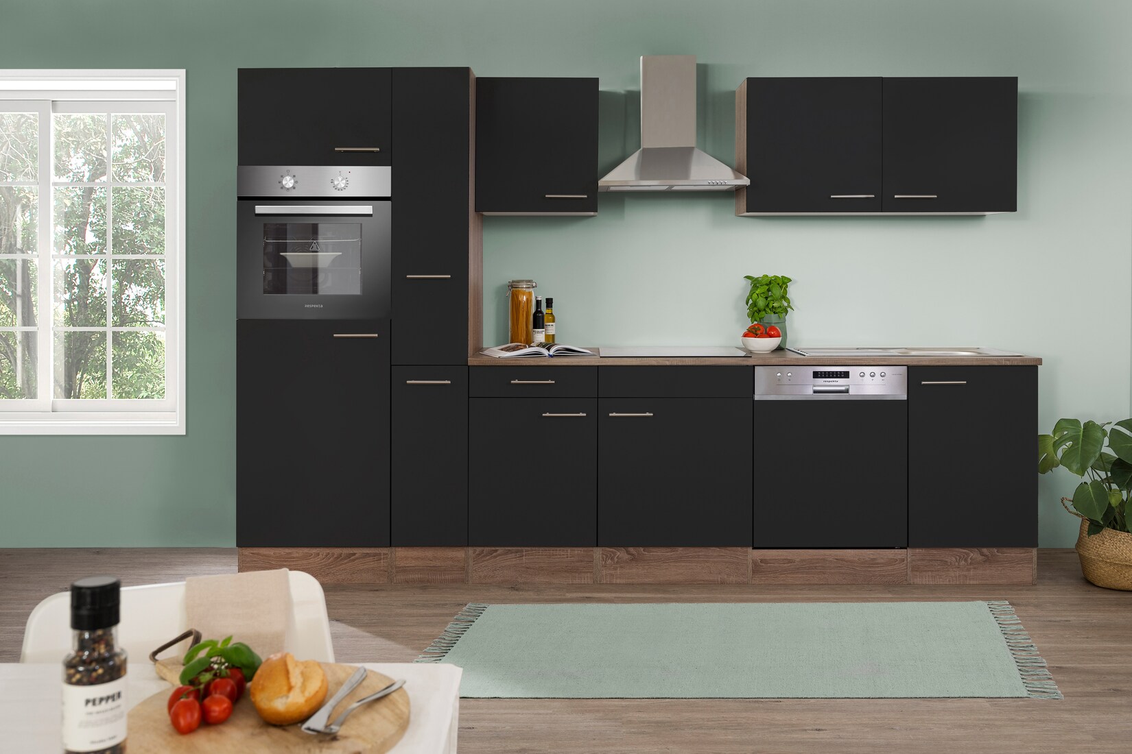 Respekta Küchenprogramm Eiche York Küchenzeile 310 cm inkl. E-Geräte & Mineralite Einbauspüle, schwarz