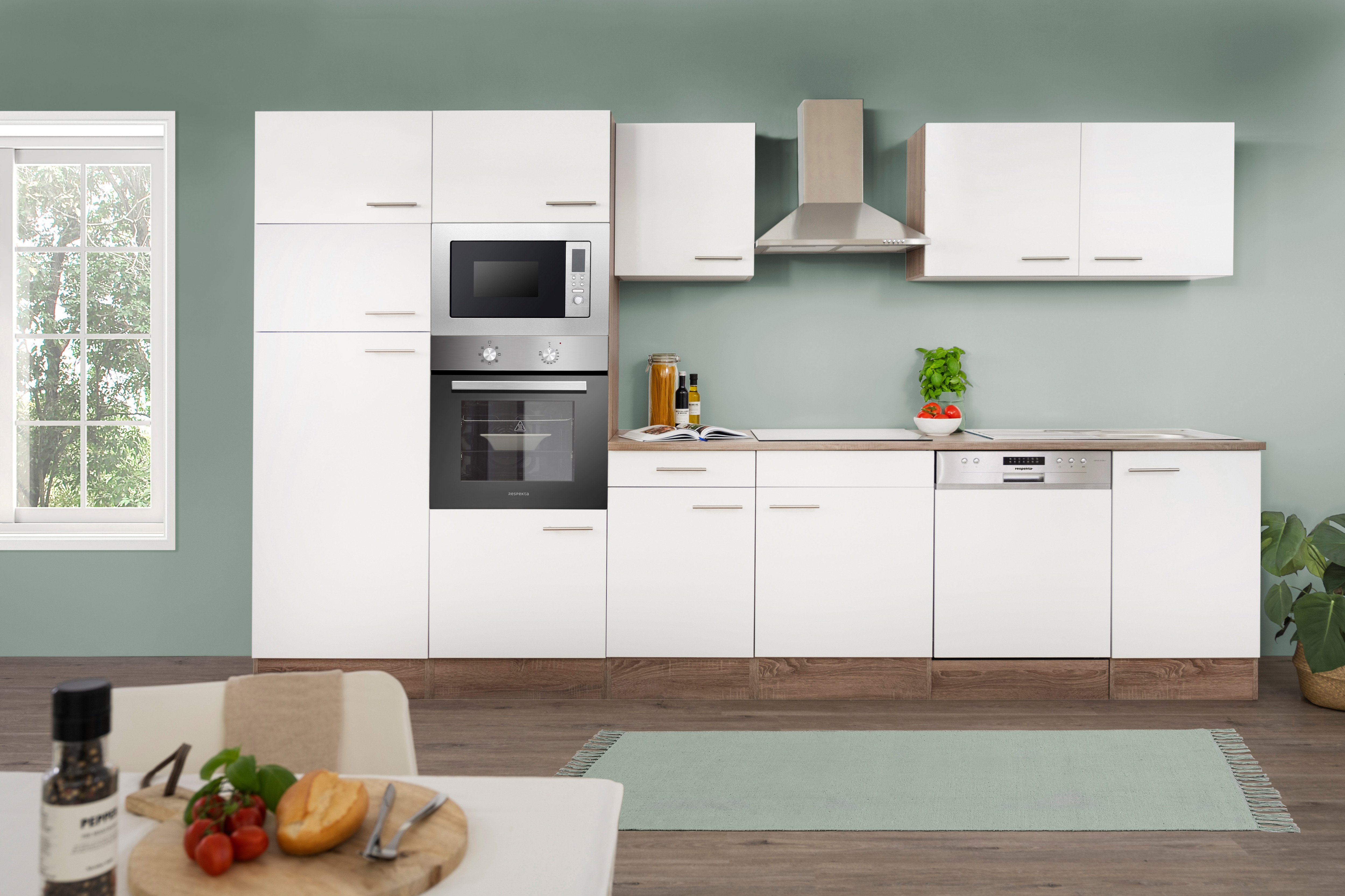 Respekta K&uuml;chenprogramm Eiche York K&uuml;chenzeile 340 cm inkl. E-Ger&auml;te & Mineralite Einbausp&uuml;le, wei&szlig; 