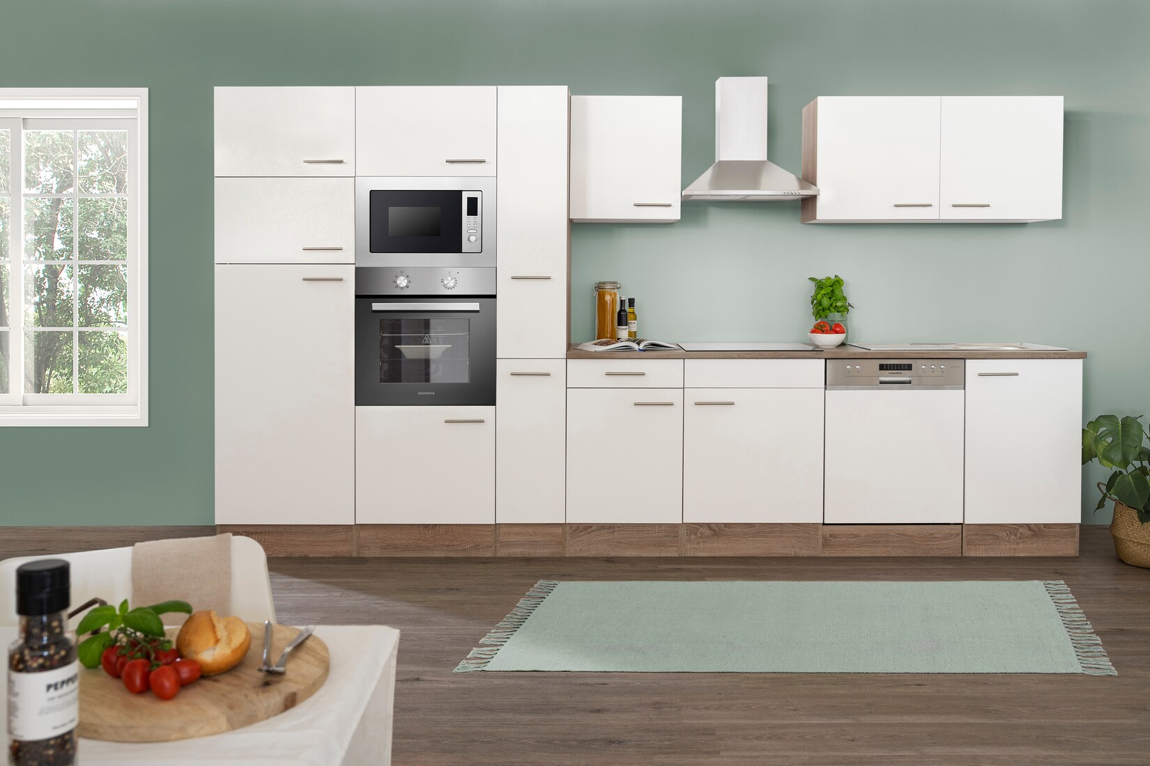 Respekta Küchenprogramm Eiche York Küchenzeile 370 cm inkl. E-Geräte & Mineralite Einbauspüle, weiß