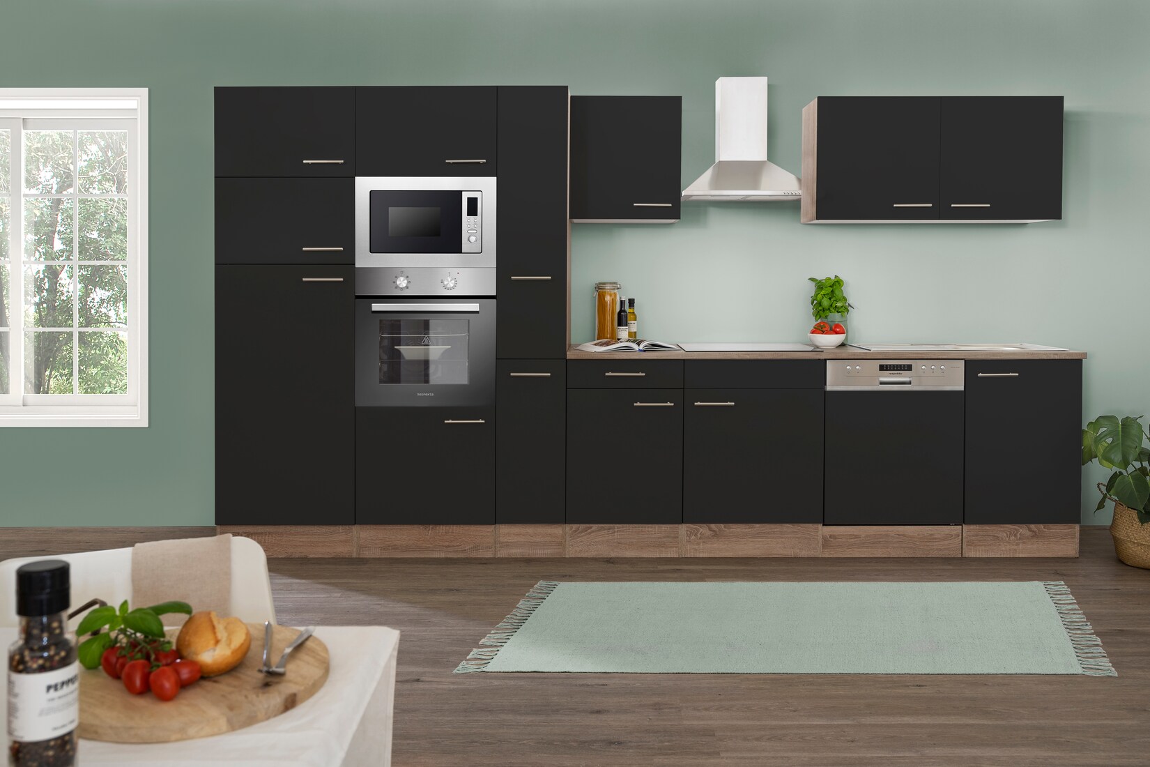 Respekta Küchenprogramm Eiche York Küchenzeile 370 cm inkl. E-Geräte & Mineralite Einbauspüle, schwarz