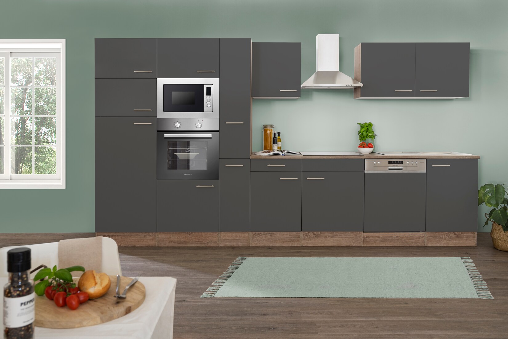 Respekta Küchenprogramm Eiche York Küchenzeile 370 cm inkl. E-Geräte & Mineralite Einbauspüle, grau