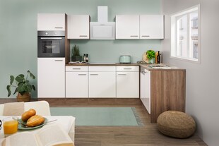 Respekta Küchenprogramm Eiche York Winkelküche 280 cm inkl. E-Geräte & Mineralite Einbauspüle, weiß 