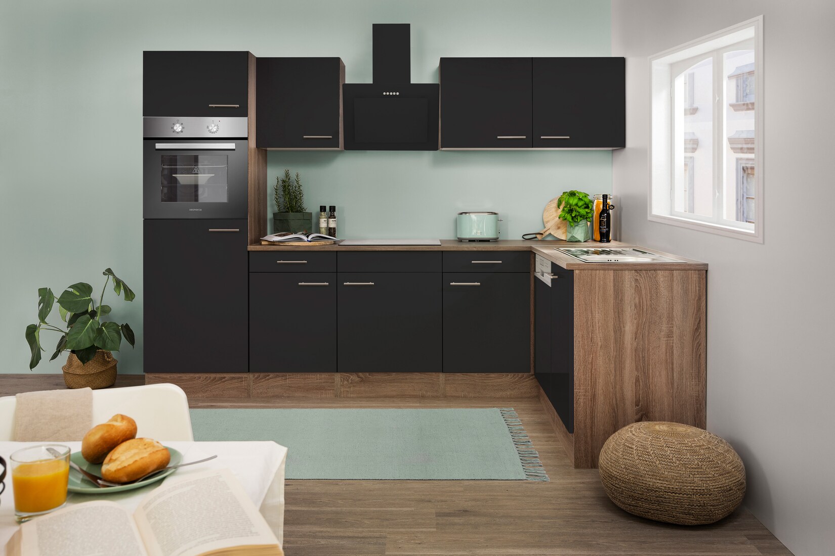 Respekta Küchenprogramm Eiche York Winkelküche 280 cm inkl. E-Geräte & Mineralite Einbauspüle, schwarz