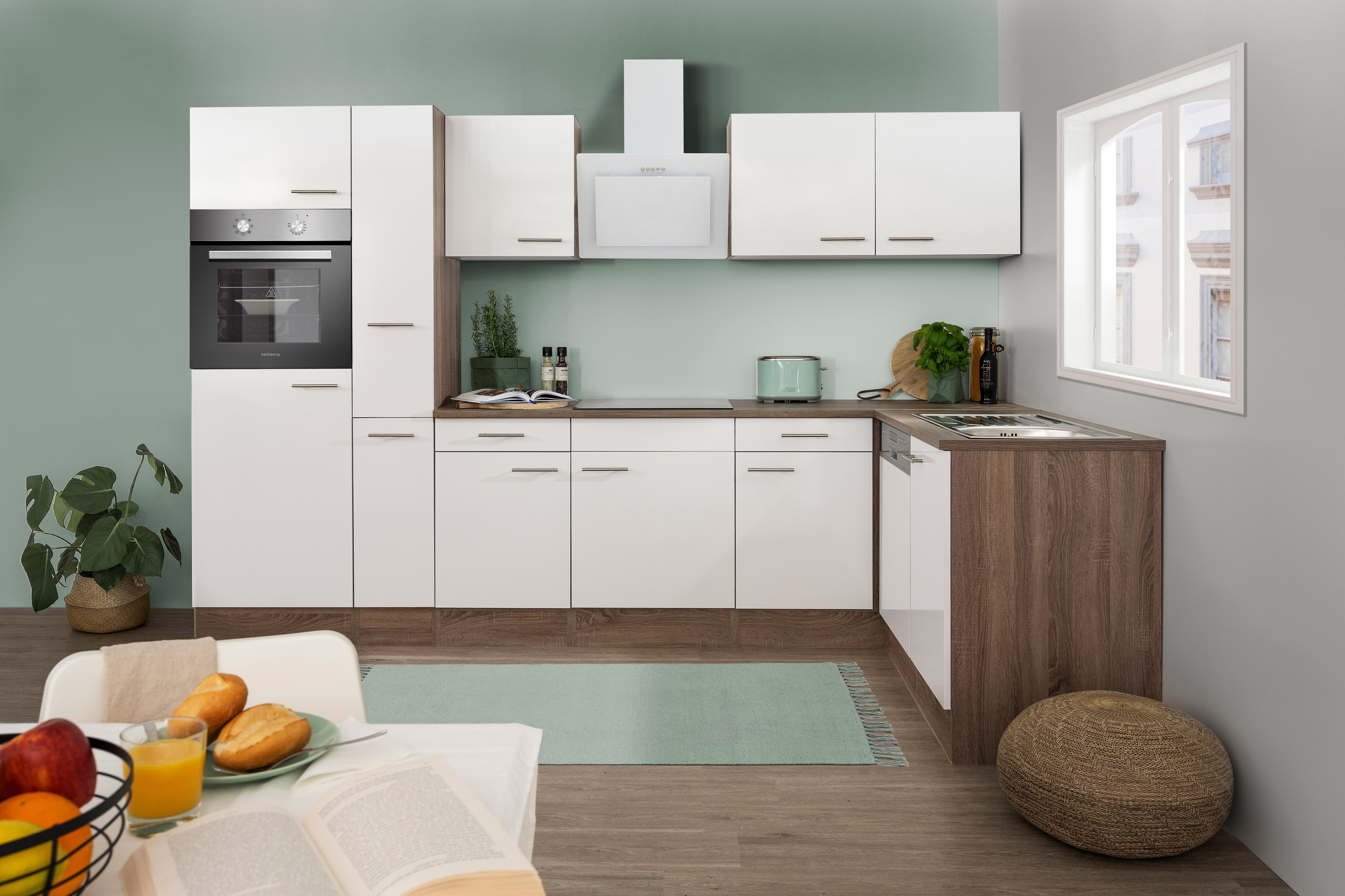 Respekta K&uuml;chenprogramm Eiche York Winkelk&uuml;che 310 cm inkl. E-Ger&auml;te & Mineralite Einbausp&uuml;le, wei&szlig; 