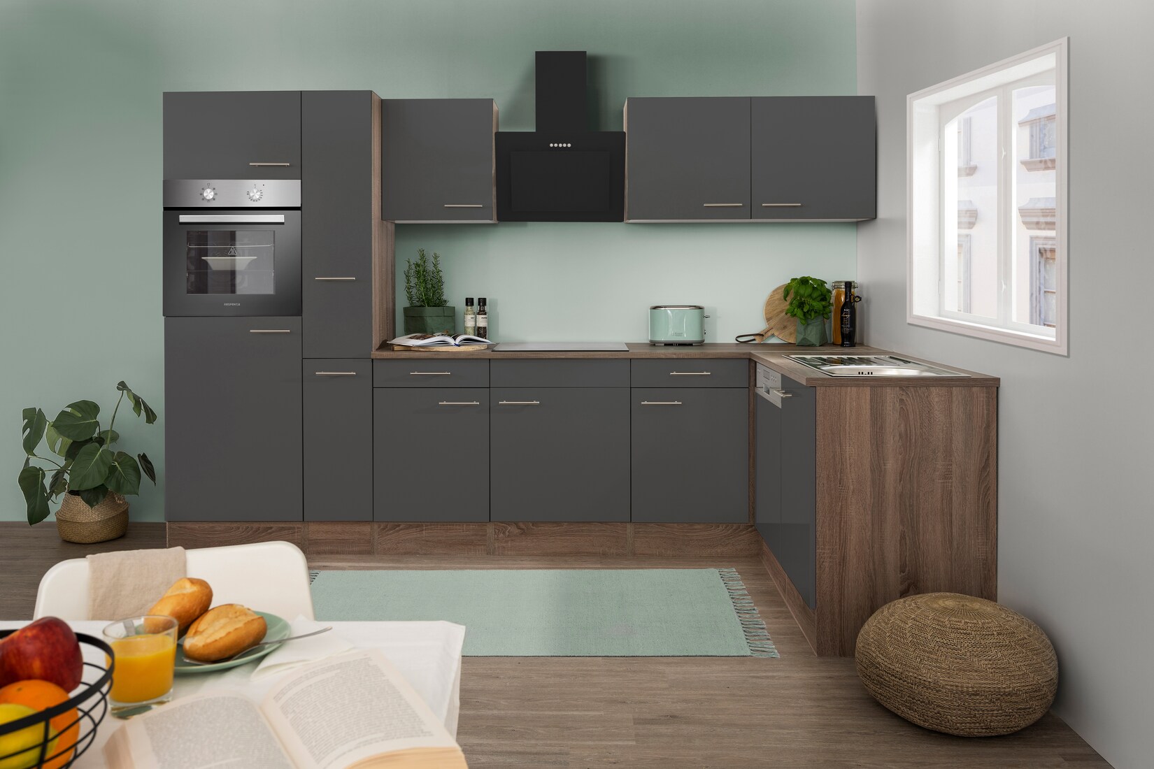 Respekta Küchenprogramm Eiche York Winkelküche 310 cm inkl. E-Geräte & Mineralite Einbauspüle, grau
