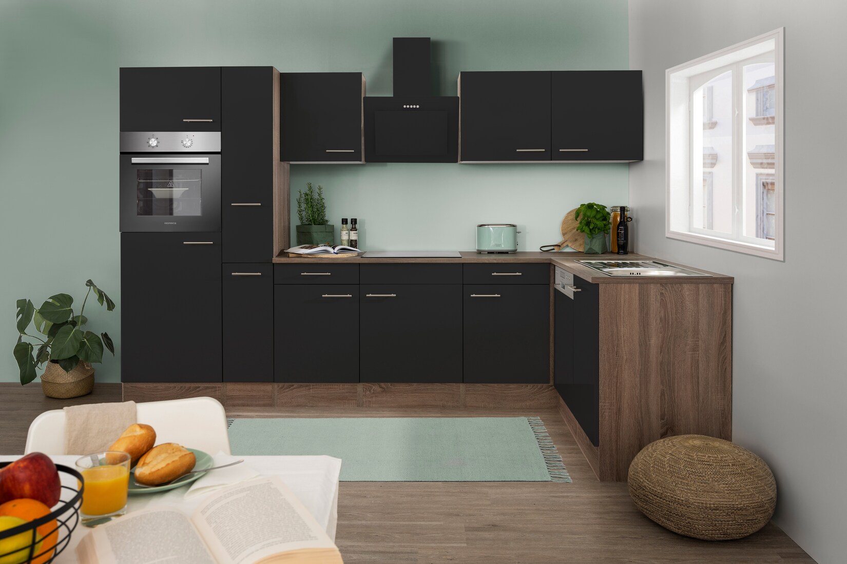 Respekta Küchenprogramm Eiche York Winkelküche 310 cm inkl. E-Geräte & Mineralite Einbauspüle, schwarz