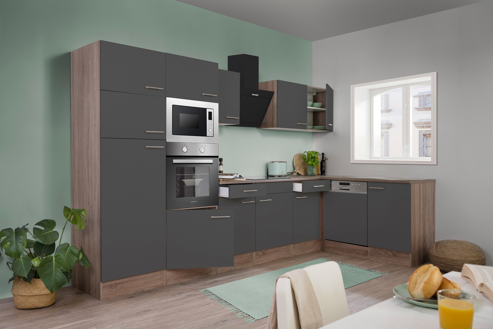 Respekta Küchenprogramm Eiche York Winkelküche 340 cm inkl. E-Geräte & Mineralite Einbauspüle, grau