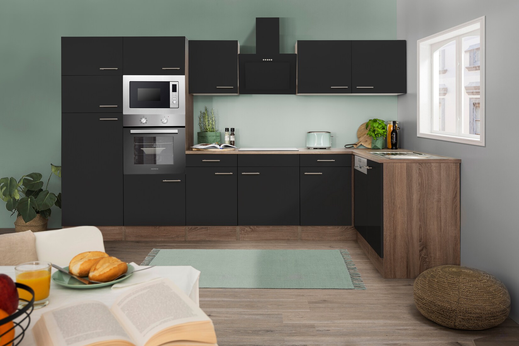 Respekta Küchenprogramm Eiche York Winkelküche 340 cm inkl. E-Geräte & Mineralite Einbauspüle, schwarz