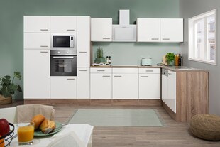 Respekta Küchenprogramm Eiche York Winkelküche 370 cm inkl. E-Geräte & Mineralite Einbauspüle, weiß 