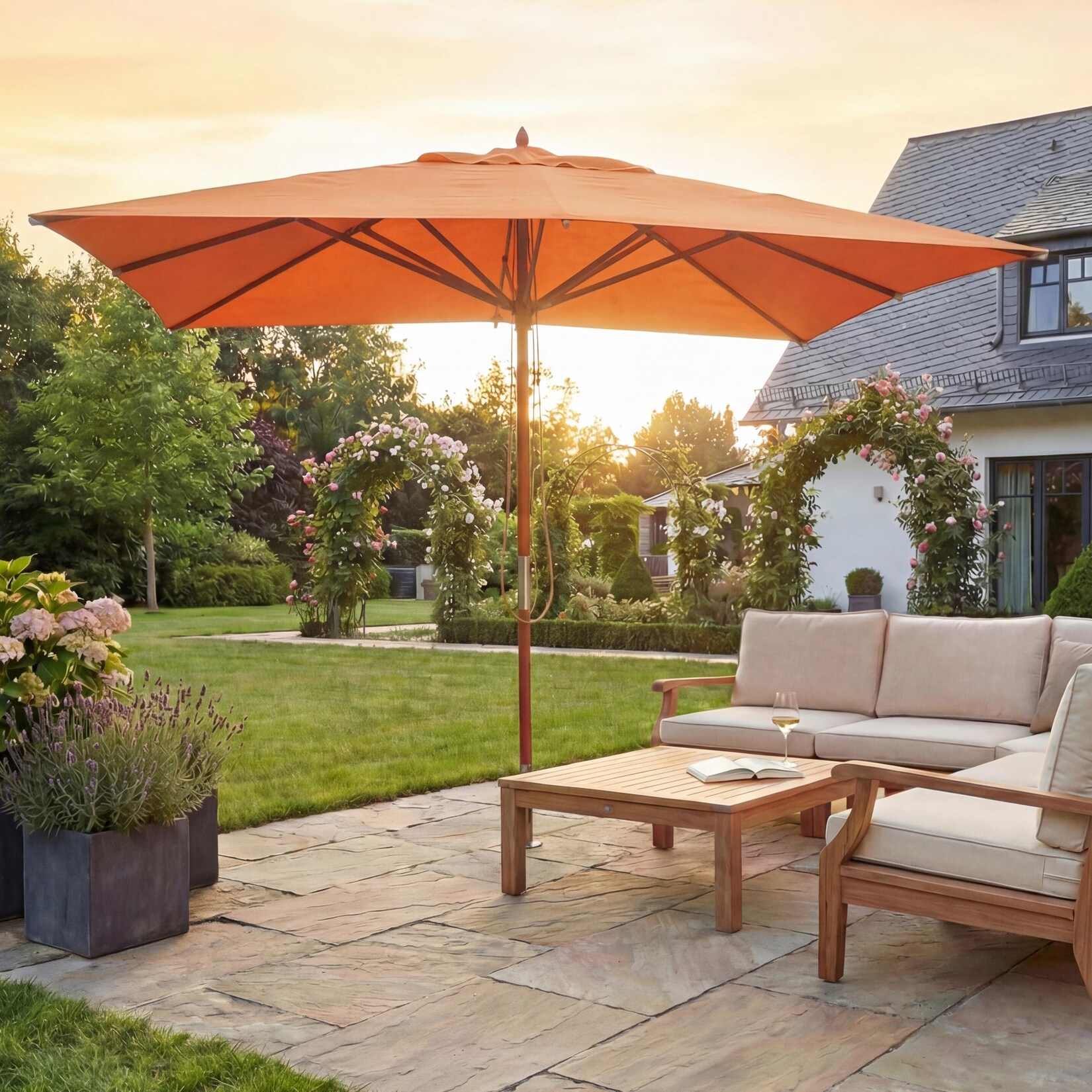 Gastronomie Holz-Sonnenschirm -C57, Gartenschirm, Polyester/Holz , eckig 4x4m Seilzug stoßsicher ~ terracotta