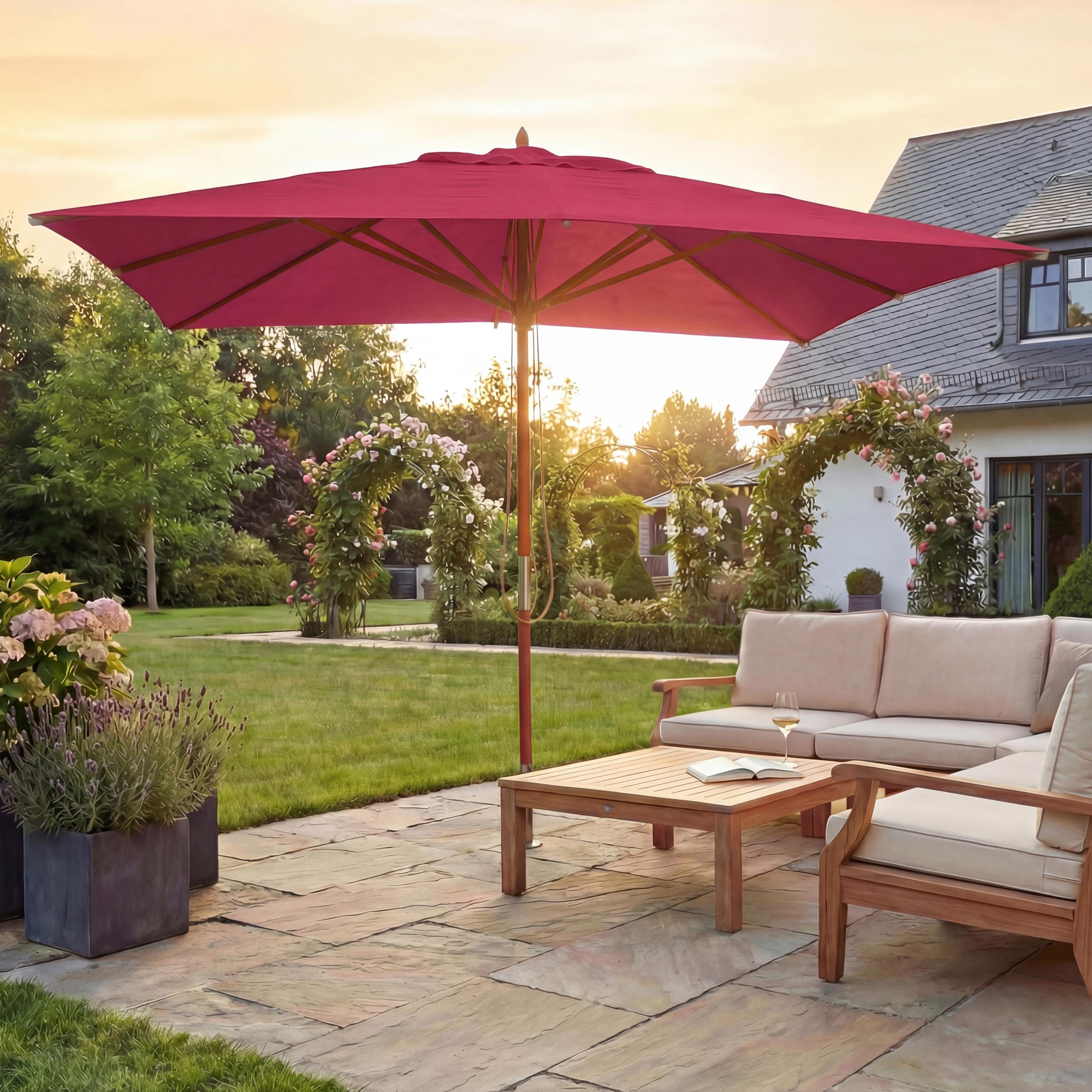 Gastronomie Holz-Sonnenschirm MCW-C57, Gartenschirm, Polyester/Holz 28kg, eckig 4x4m Seilzug sto&szlig;sicher ~ bordeaux 